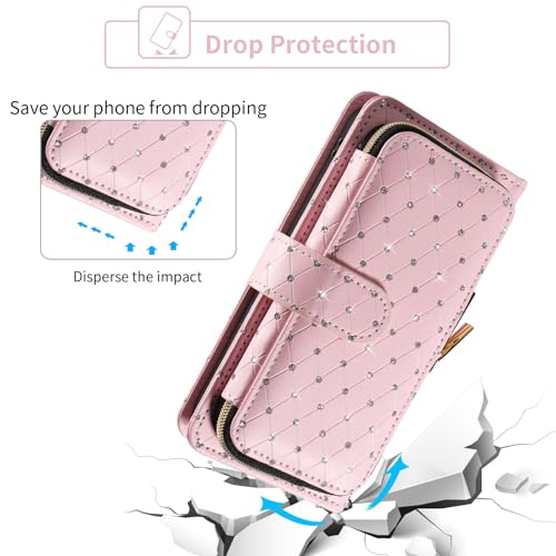Phone Cover for Motorola Moto G Power 5G 2025 Wallet Case Cell Zipper with Tempered Glass Screen Protector Crossbody Lanyard Strap Bling Glitter Flip
