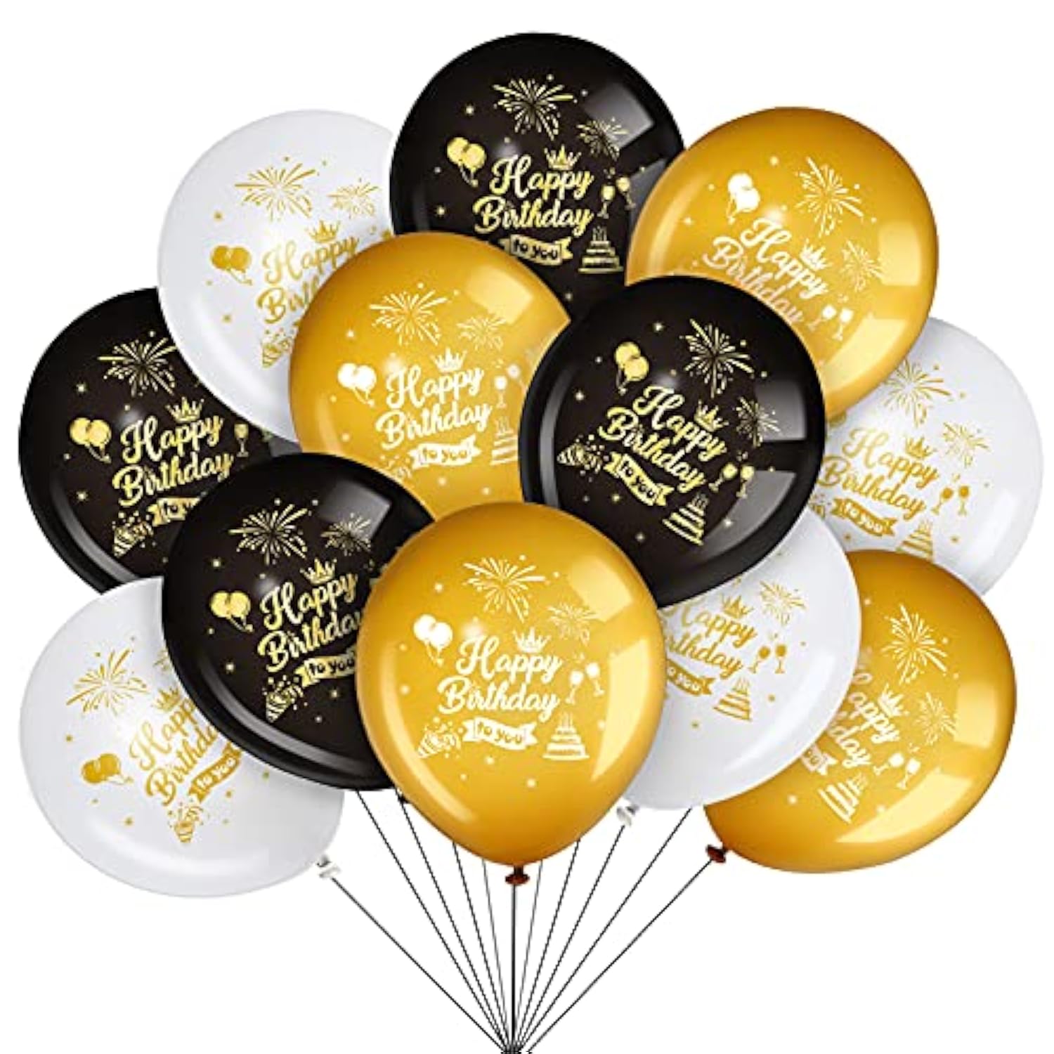 45PCS 12 Inch Happy Birthday Balloons Black Gold White Latex for Party Decorations