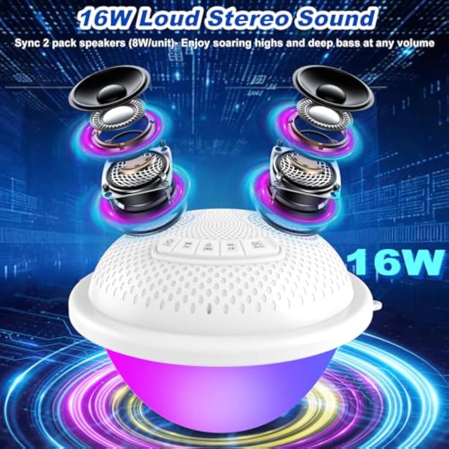 Floating Pool Speakers With Colorful Led Lights, Ip68 Waterproof Pool Speakers Bluetooth, 16W Stereo Loud Sound Hot Tub Speaker, Tws Pairing, Hands-Free Portable Bluetooth Pool Speaker For Spa