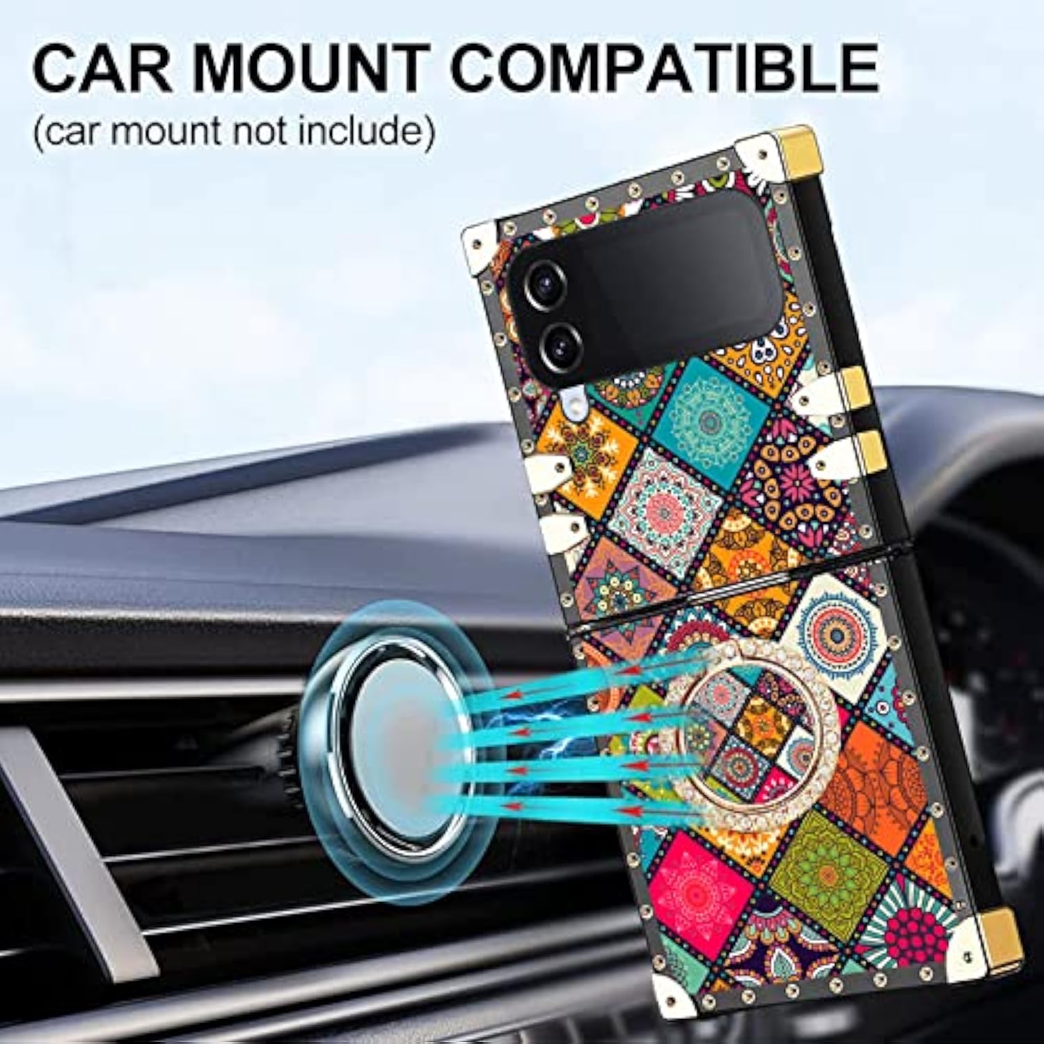 For Samsung Galaxy Z Flip 3 Case With Ring Stand Strap Lanyard Girls Women Cute Retro Flower Pattern Metal Reinforced Corners Shockproof Protective Cover - Mandala