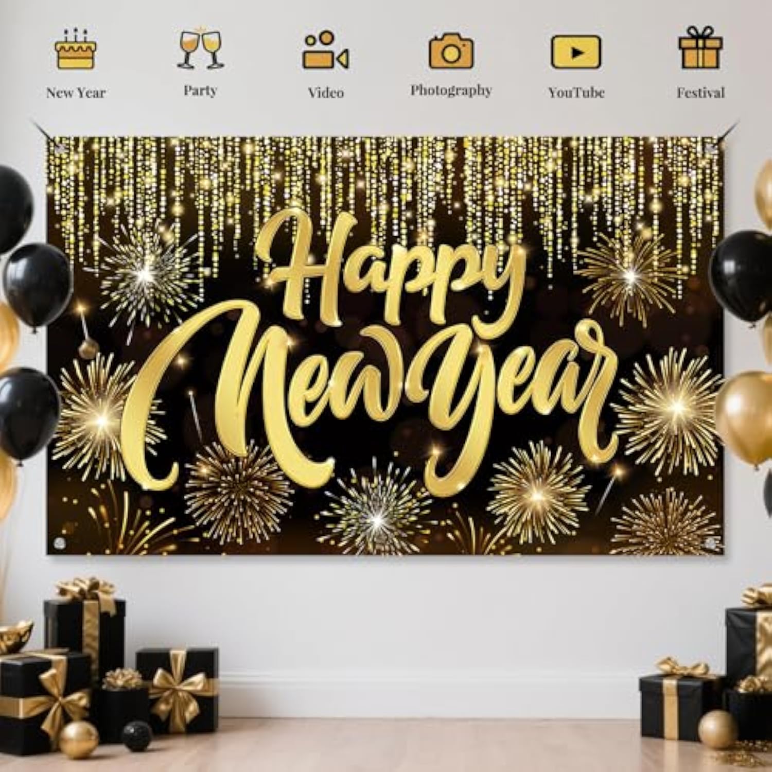 Happy New Year 2026 Banner 71x44in Firework Party Backdrop