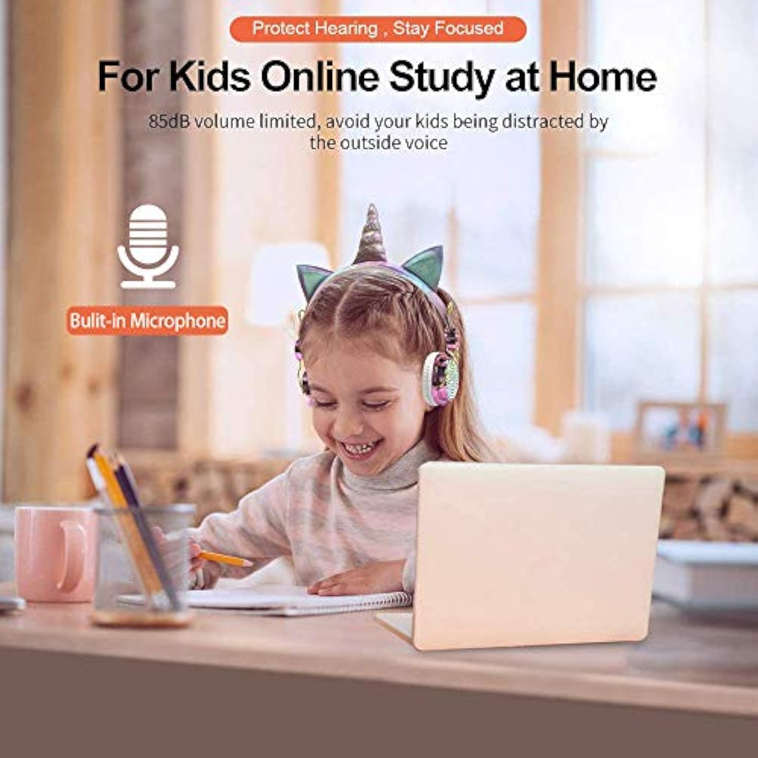 Kids Unicorn Headphones For Girls Wireless Bluetooth Headset With Mic, Adjustable Headband, Over Ear For Smartphones/School/Kindle/Tablet/Pc (Pink)