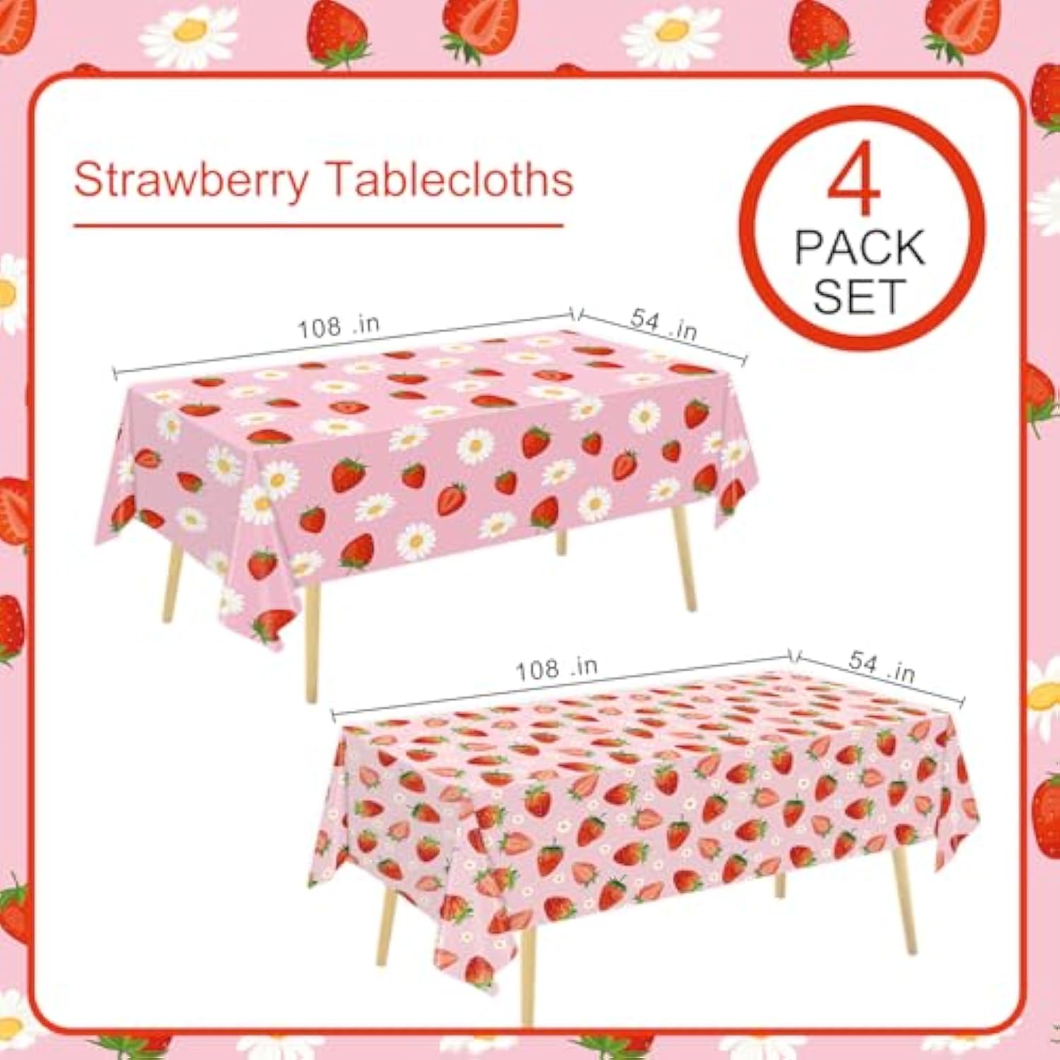 4 Pack Strawberry Tablecloths Berry Sweet Plastic Table Cover For Birthday Decorations Strawberry Baby Shower Party Decorations, 54 X 108 Inch