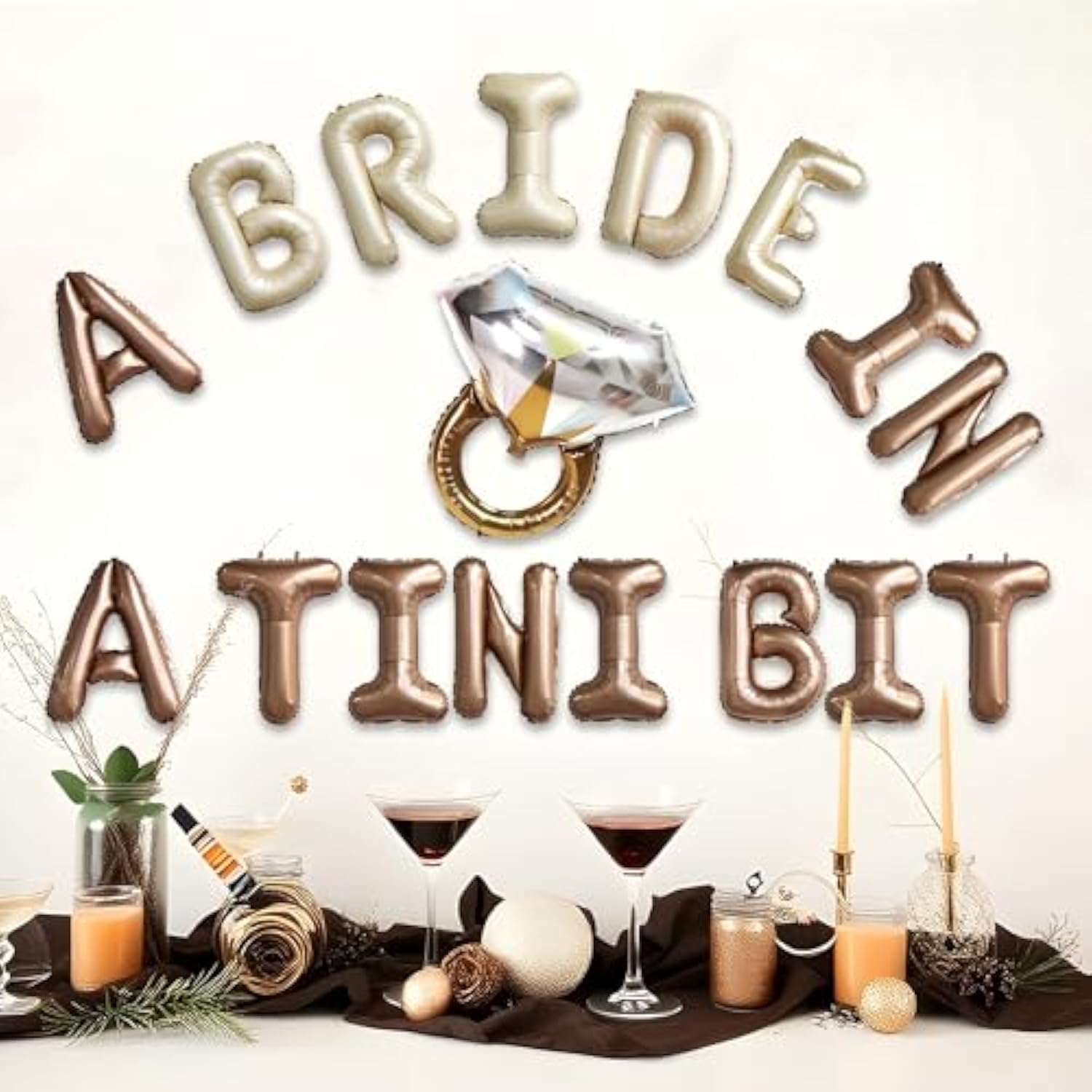 A Bride In Tini Bit Letter Balloons With Diamond Ring For Espresso Theme Bachelorette Party Decoration