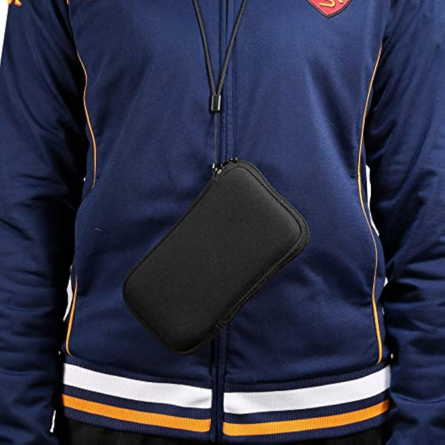 Neoprene Small Cell Phone Sleeve Zip Wallet With Neck Strap For iPhone Black