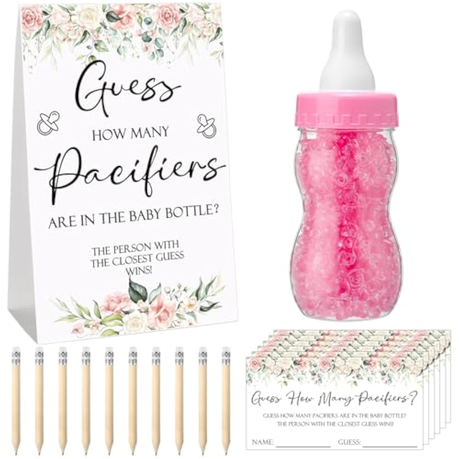 512 Pcs Baby Shower Games Guess How Many Pacifiers Sign 100 Small Guessing Games 10 Hb Pencils 750Ml Milk Bottle 400 Acrylic Pacifiers Decoration For Guest Gender Reveal(Pink,Flower)