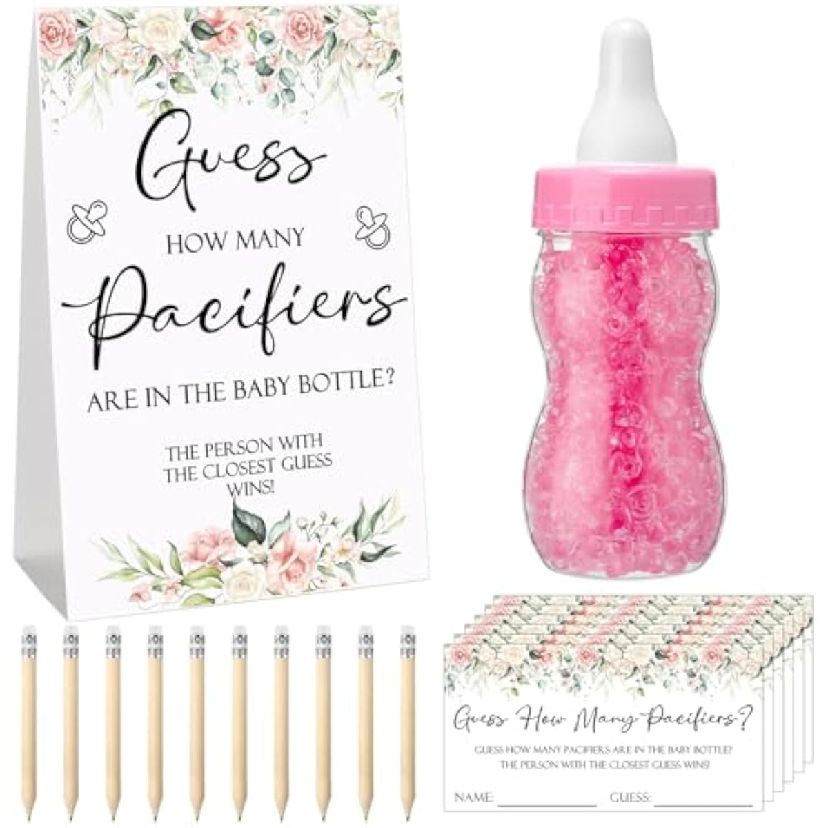 512 Pcs Baby Shower Games Guess How Many Pacifiers Sign 100 Small Guessing Games 10 Hb Pencils 750Ml Milk Bottle 400 Acrylic Pacifiers Decoration For Guest Gender Reveal(Pink,Flower)