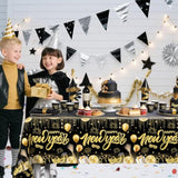 3pc Black Gold Happy New Year 2026 Disposable Tablecloths 108x54in