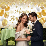 White Gold Happy Wedding Anniversary Banner For 5 10 15 20 25 30 40 50 For Couple, Happy Anniversary Decorations, Surprise For Parents Cheers To Wedding Supplies 71X43In