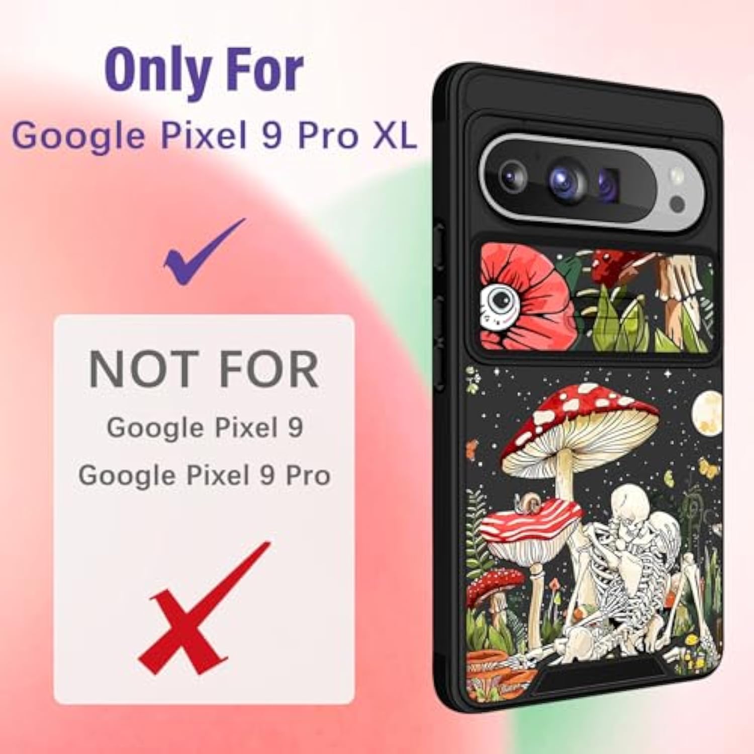 For Pixel 9 Pro Xl Case - Women Girls Cute Phone Cover Girly Pretty Aesthetic Mushroom Skeleton Unique Design With Camera Cover And Ring Stand Funda For Pixel 9 Pro Xl