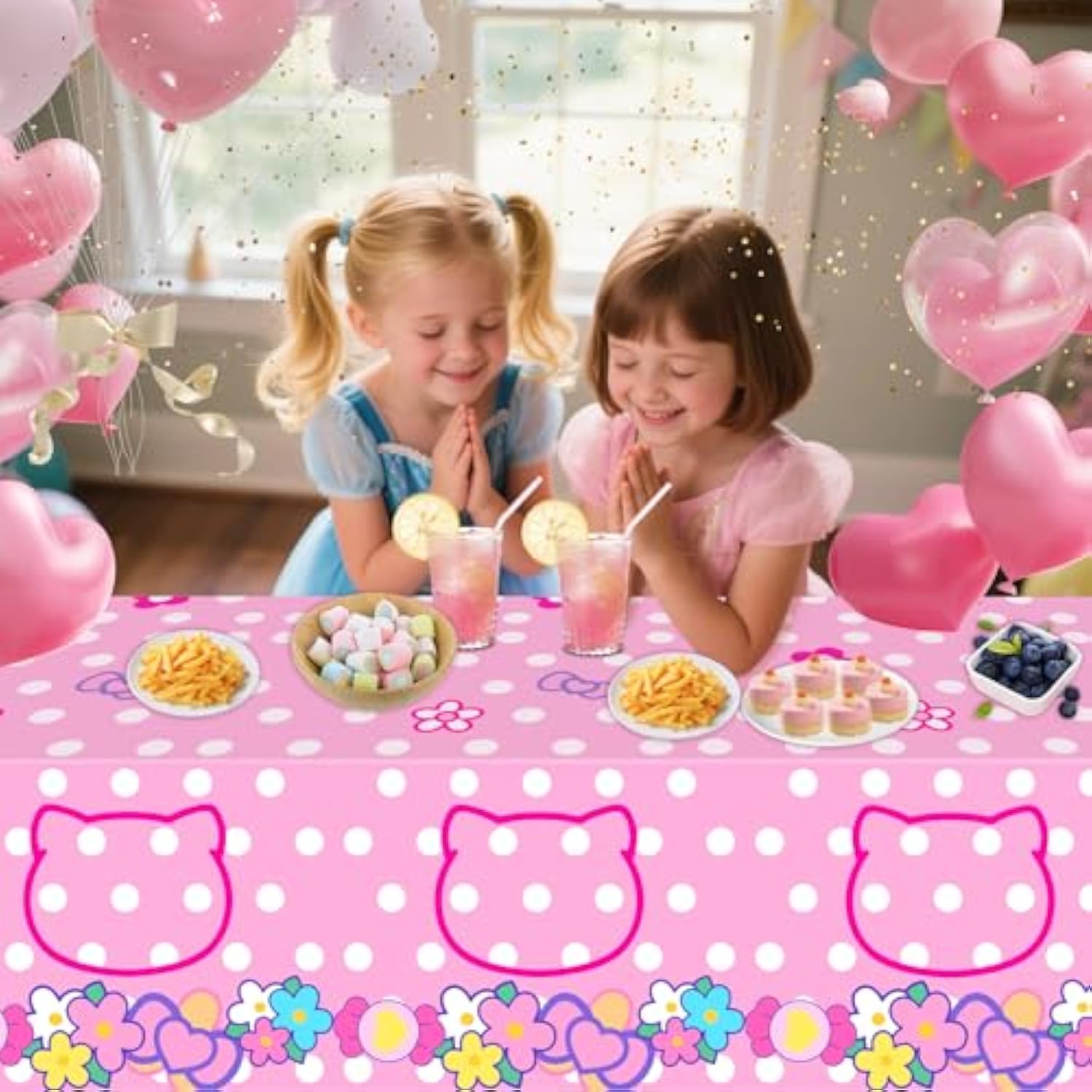 1 Pack Pink Kitty Tablecloth, Cat Disposable Plastic Pink Bow White Dot Table Covers For Birthday Party Decorations, Baby Shower Party Decor Supplies- 54 X108In