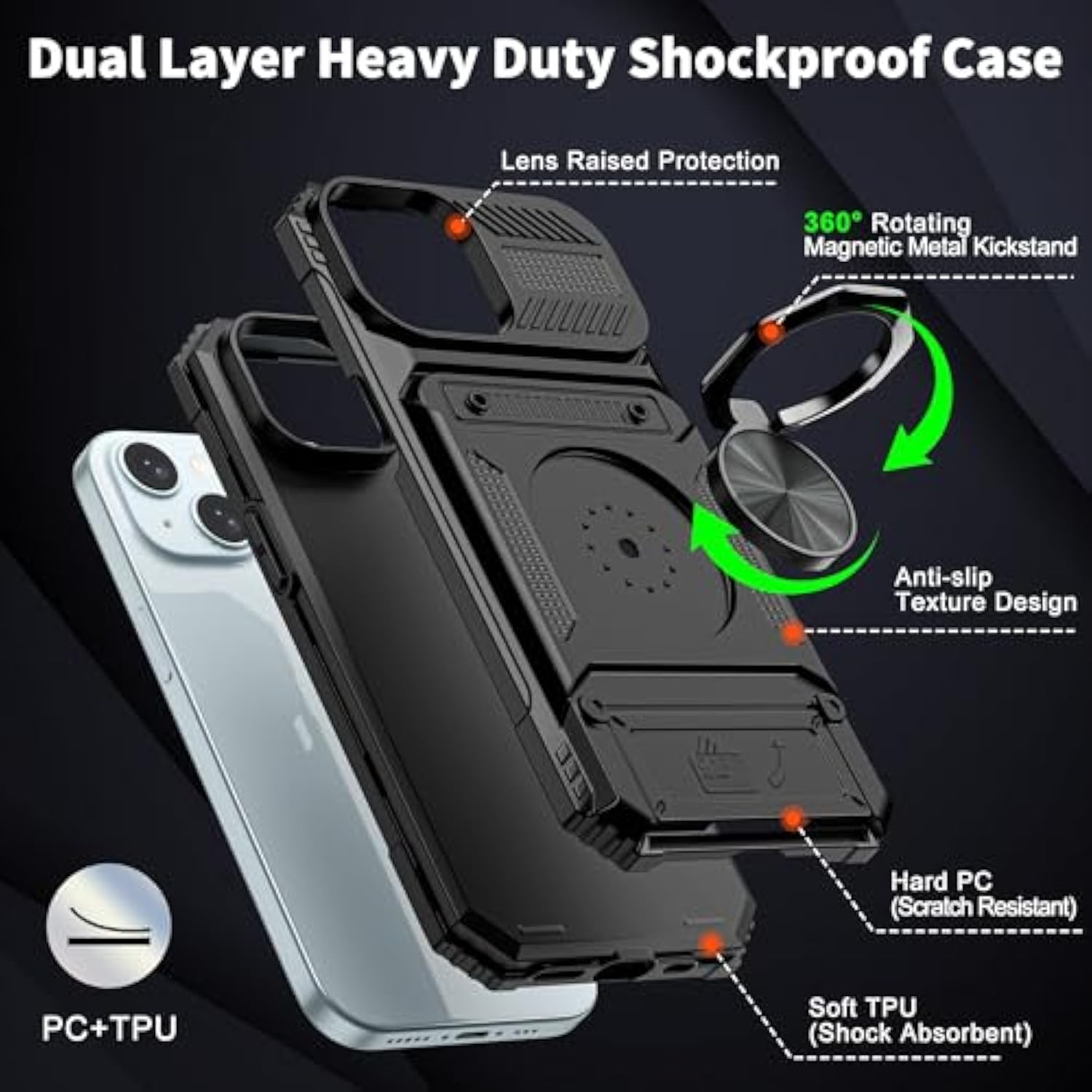 For Iphone 15 Plus Wallet Case With Card Holder [Store 2 Cards] + 360° Magnetic Rotated Ring Kickstand Heavy Duty Protective Shockproof Wallet Phone Case For Iphone 15 Plus 6.7 Inch Black