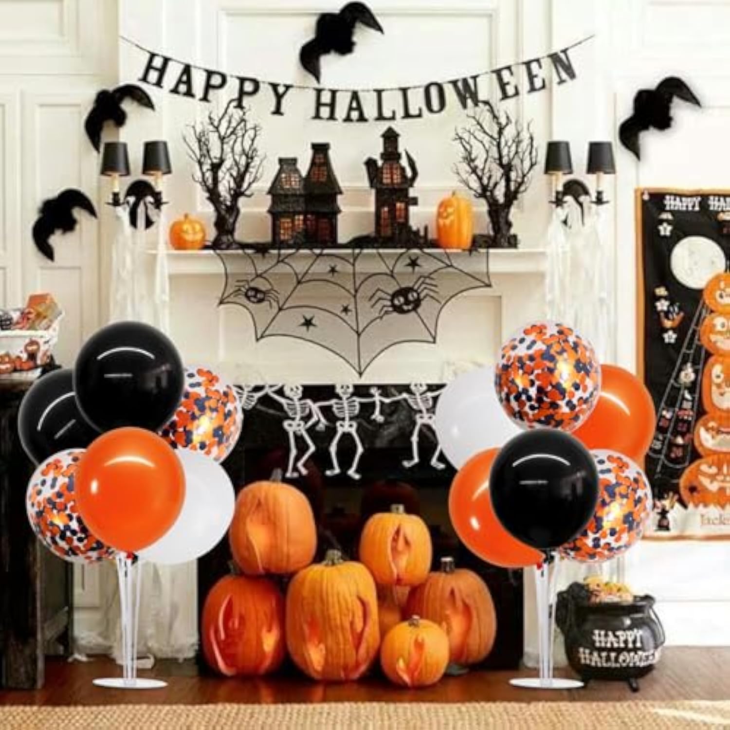 4 Set Halloween Balloons Black Orange White Confetti Balloon Stand Table Party Decorations