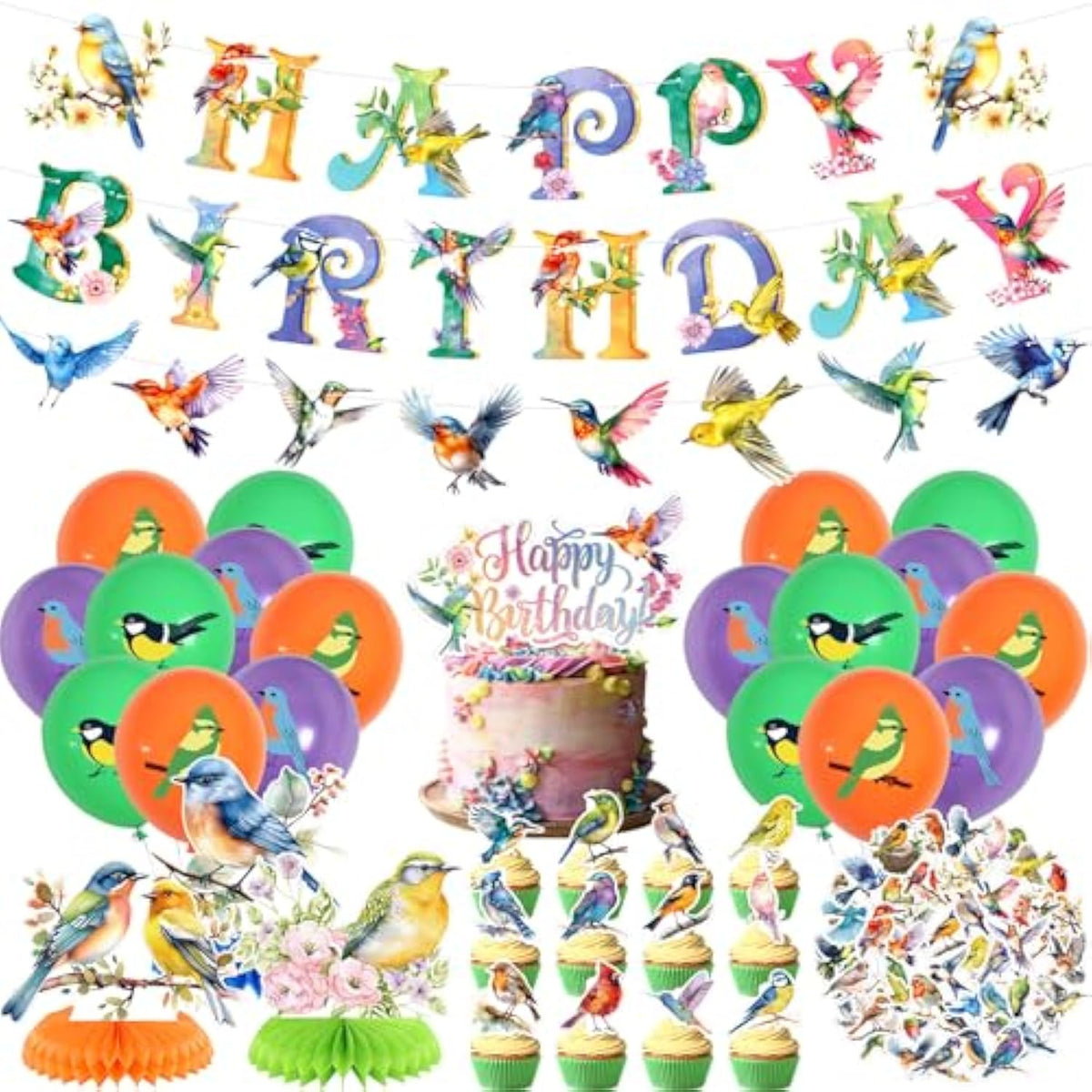 Bird Party Decorations, Includes Happy Birthday Banner, Cake Toppers, Bird Stickers, Balloons, Honeycomb Centerpieces, For Bird Theme Baby Shower Summer Tea Party Supplies