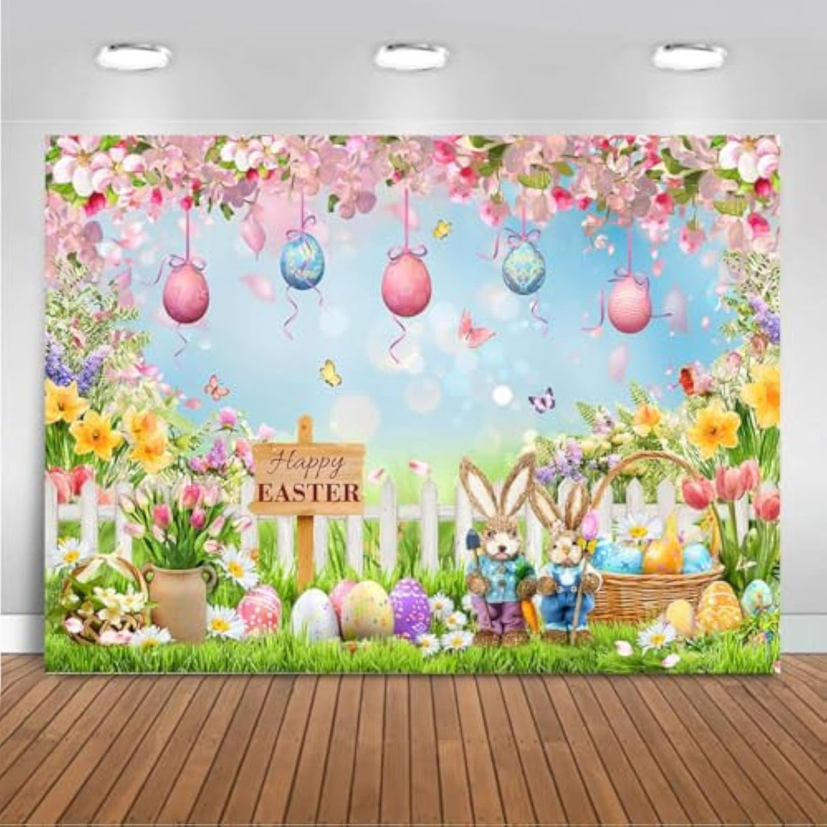 Happy Easter Banner Backdrop 7X5Ft Spring Flower Garden Bunny Rabbit Easter Background Egg Hunt Easter Party Decorations Photo Booth Props