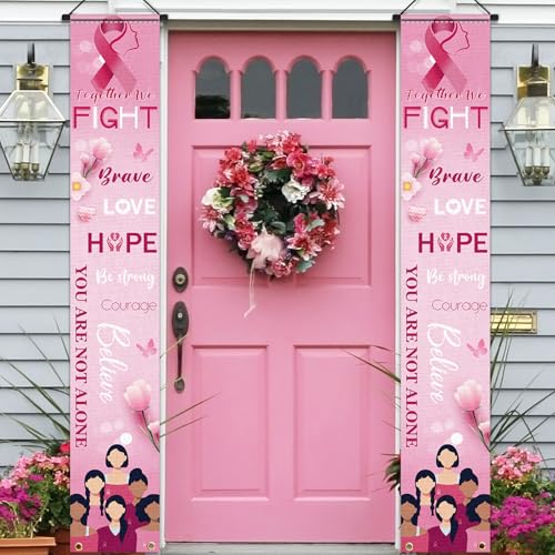 Breast Cancer Awareness Banner Porch Sign - Breast Cancer Awareness Decorations Pink Ribbon Door Banner Party Supplies Hope Strength Courage Faith Banner Backdrop for Breast Cancer Month
