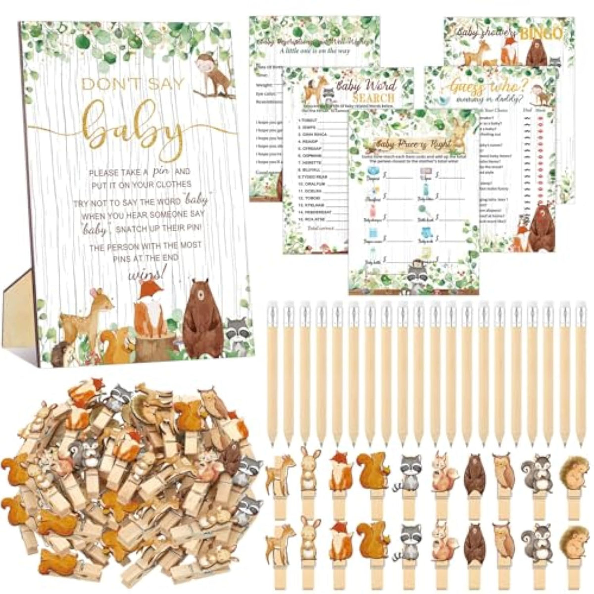 321 Pcs Woodland Animal Baby Shower Game Supply For Girl Or Boy 5 Set Include 50 Activity Card 20 Pencil 1 Don'T Say Baby Sign 50 Clothespin For Price Is Right Prediction Bingo Party Decor
