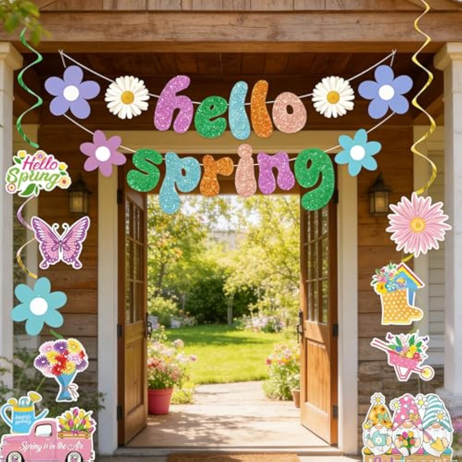 Spring Party Decorations, Hello Spring Decoration Include Banner, Hanging Swirls And Honeycomb Centerpieces, Butterfly Flowers Hanging Decorations Spring Decorations For Home Office Classroom
