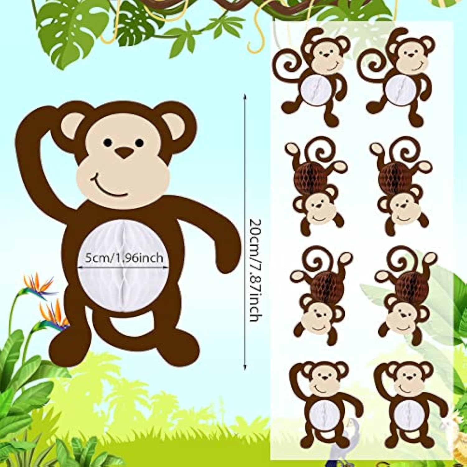12 Pcs Monkey Cutouts Jungle Party Decorations Honeycomb Monkeys Birthday Party Supplies Paper Safari Hanging Banner Wall Decor For Birthday Baby Shower Room Decor(12 Pcs)