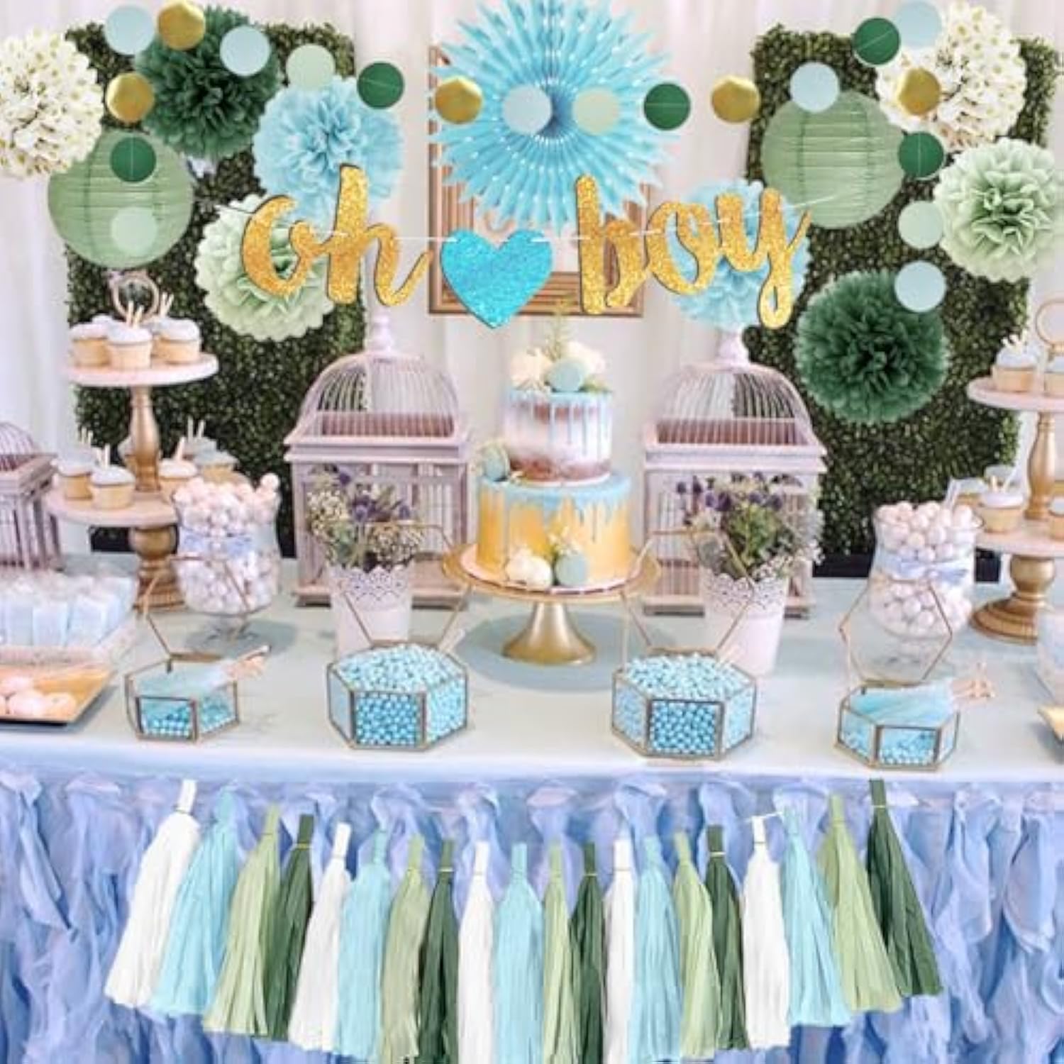 Sage Green And Blue Baby Shower Decorations Oh Boy Banner Sage Green Dusty Blue Tissue Paper Pom Poms Lanterns Paper Tassels Garland For Baby Boys Shower Party Decor