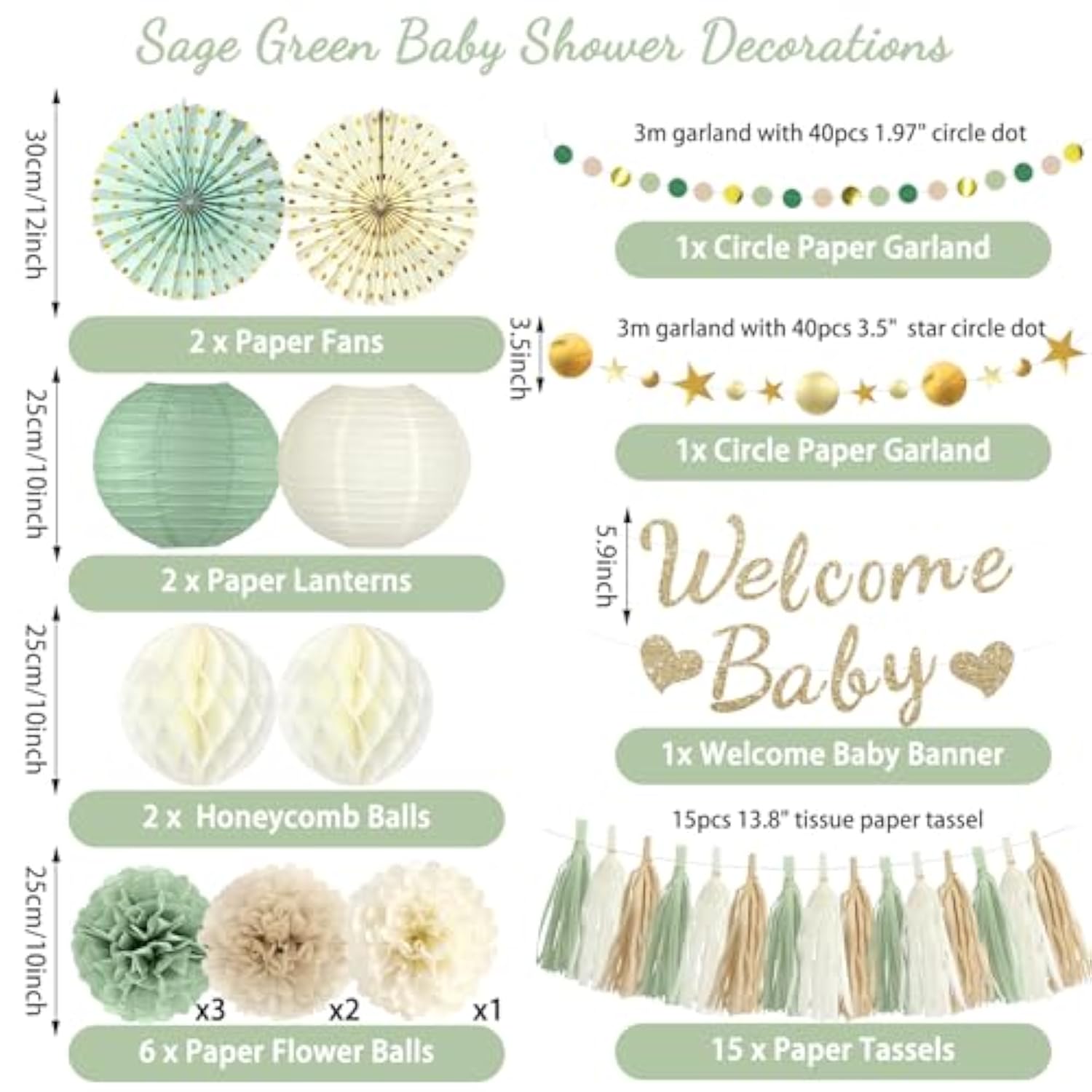 Sage Green Baby Shower Decorations - Welcome Baby Banner, Paper Lanterns, Tissue Pom Poms, Honeycombs, Paper Fan Tassel, Circle Dots Star, Gender Reveal Birthday Party Decorations