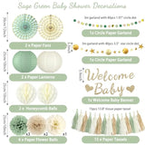 Sage Green Baby Shower Decorations - Welcome Baby Banner, Paper Lanterns, Tissue Pom Poms, Honeycombs, Paper Fan Tassel, Circle Dots Star, Gender Reveal Birthday Party Decorations