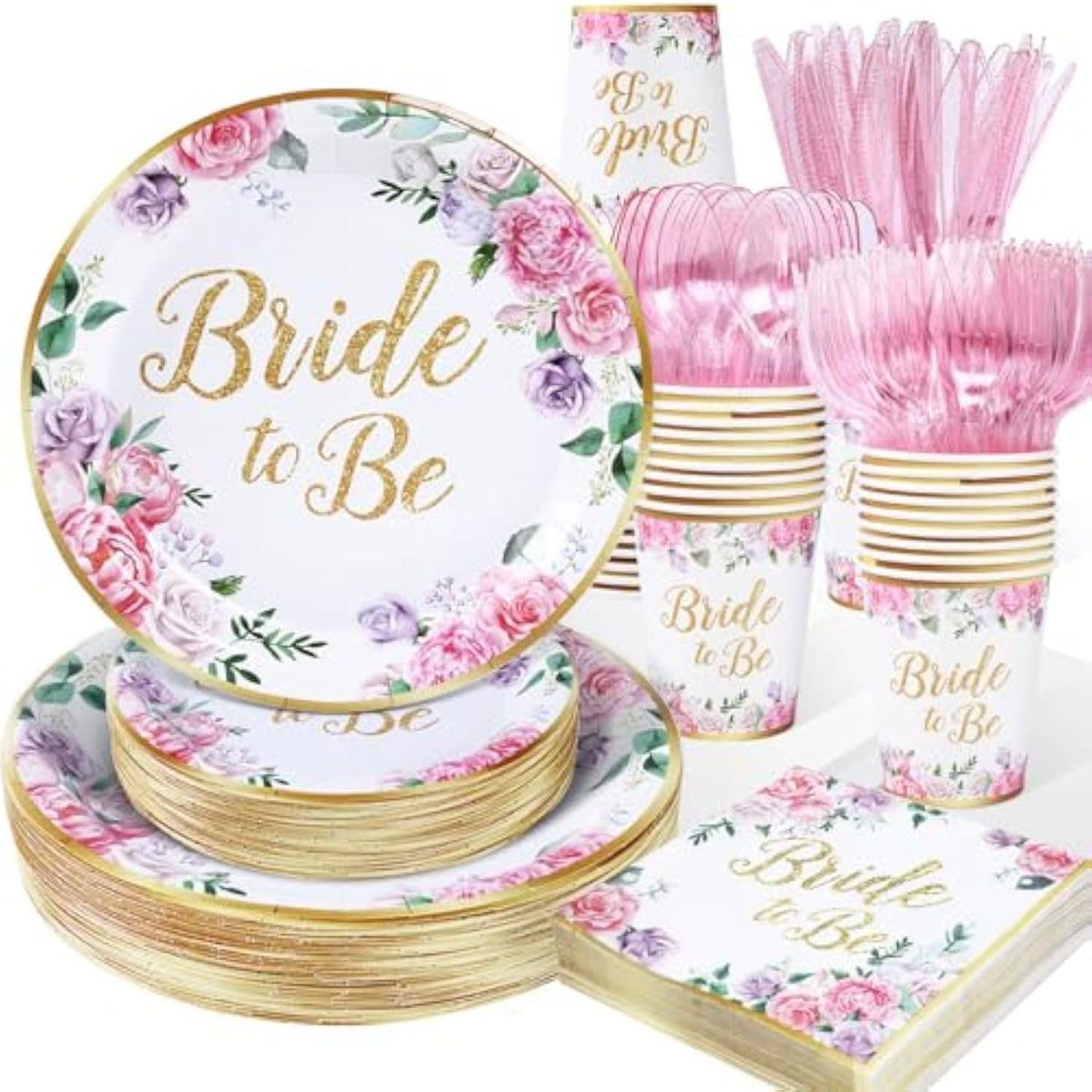 350Pcs Floral Bridal Shower Decorations For 50 Guests Include Paper Plate, Napkin, Cup And Disposable Plastic Tableware