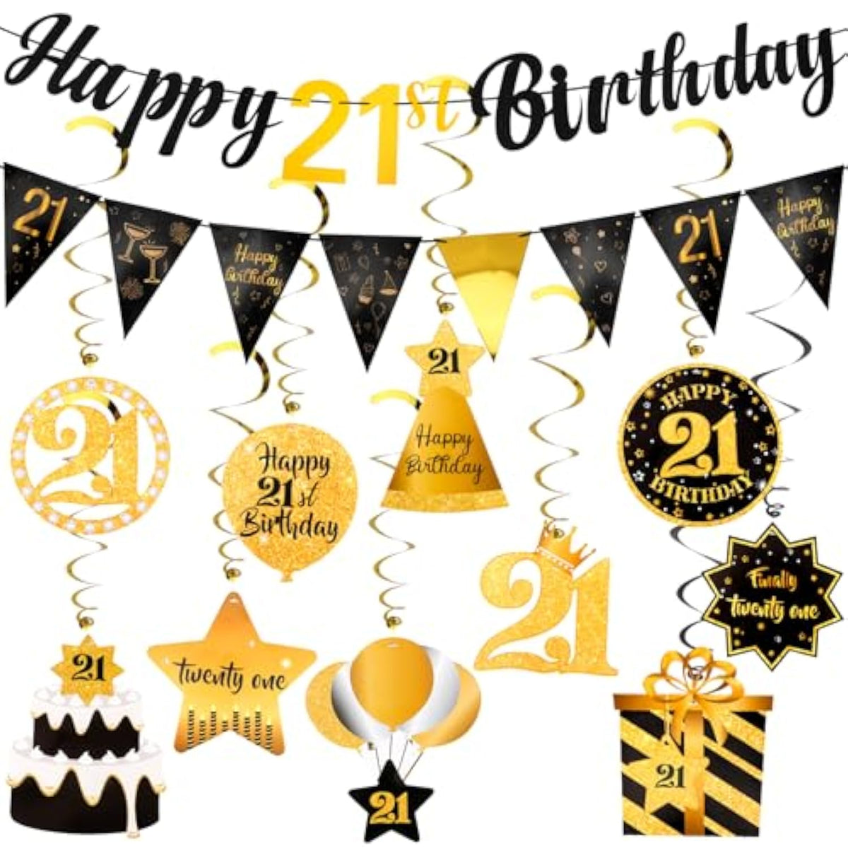 21St Birthday Decorations Men Set - Happy 21 Birthday Banner Triangle Flag Hanging Swirls Streamers For Women Men Party Decorations Supplies, Black And Gold