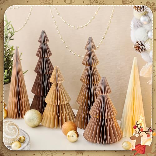 6 Pcs Brown Honeycomb Paper Christmas Trees Centerpiece