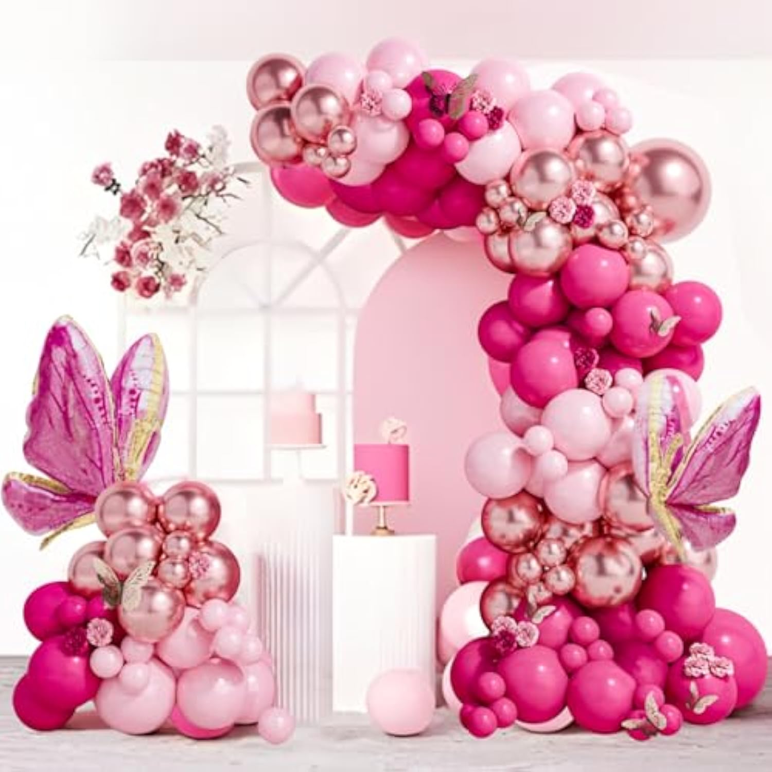 112pcs Pink Butterfly Balloon Arch Kit – Pastel & Rose Gold Balloons for Parties