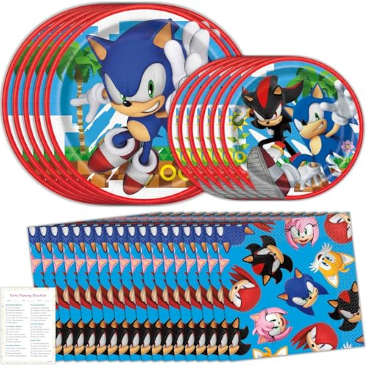 Sonic Birthday Party Decorations - 16 Guests - Sonic Plates and Napkins - 16 Dinner & 16 Cake Plates, 16 Napkins, Checklist - Party Supplies