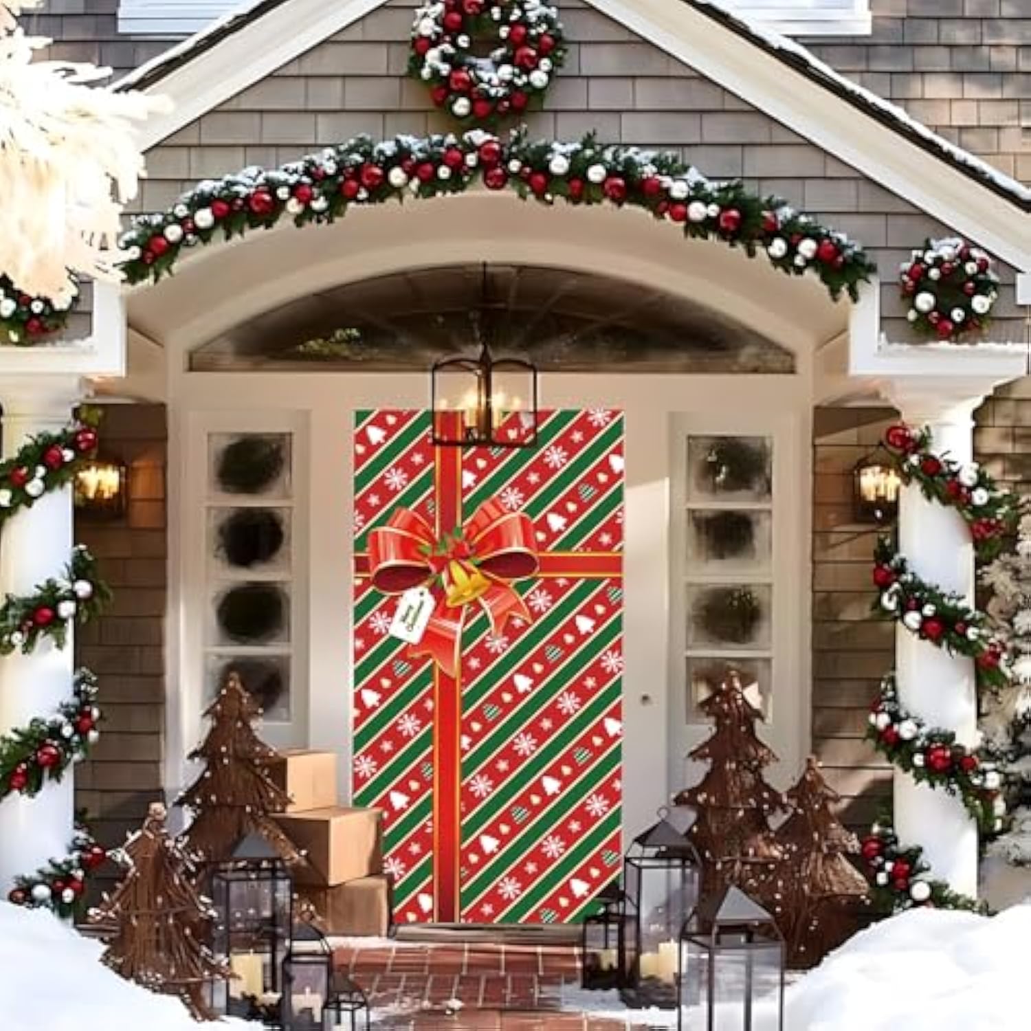 Christmas Door Cover Red Gift Box Merry Christmas Door Cover Banner Photography Background For Winter Xmas Holiday Party Decor, 71 X 35 Inches