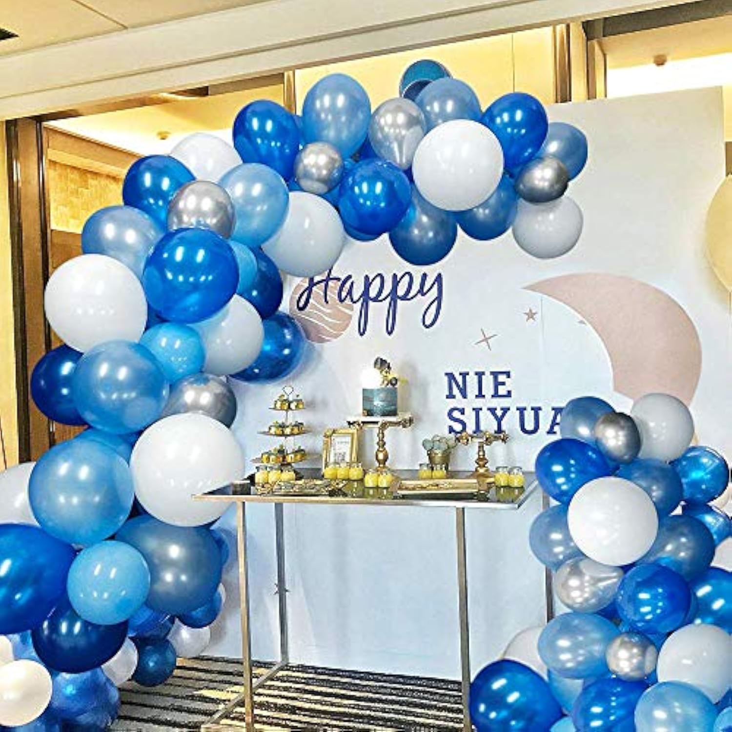 16Ft Blue White And Silver Balloon Garland Arch Kit With 117 Balloons - Easy Assembly Party Decor For Birthdays, Weddings, Baby Showers- Includes Arch Strip & Dot Glue