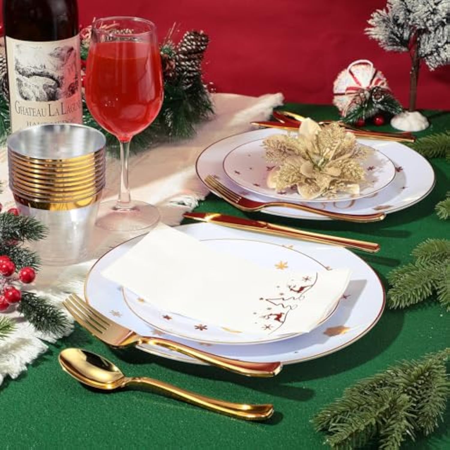 210 Pcs Christmas Plastic Dinnerware Sets Merry Christmas Party Supplies Disposable Plates Cups Napkins Forks Knives Spoons Sets(White, Gold)