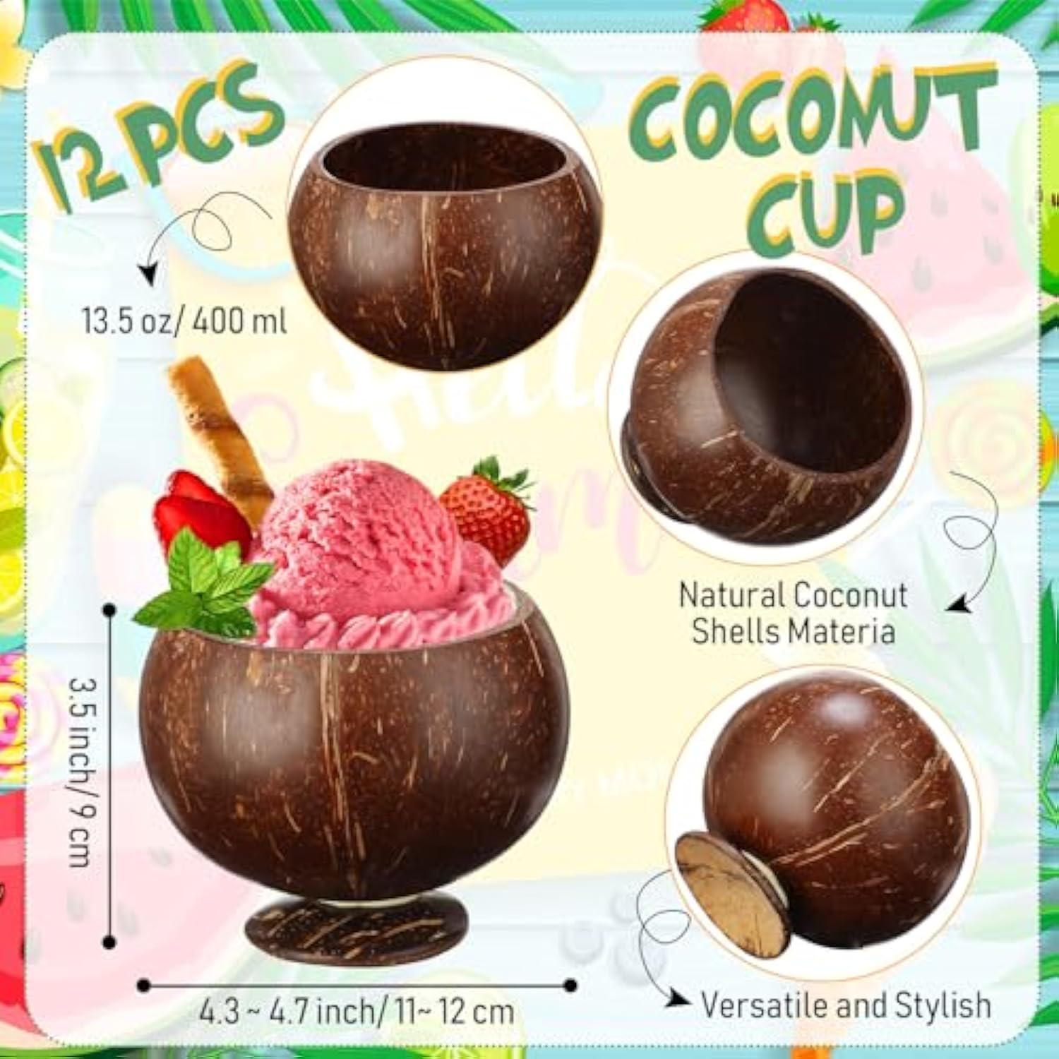 12 Pcs 13.5 Oz Coconut Shell Cups Bulk Hawaiian Party Supplies Polished Natural Coconut Bowls Luau Party Favors Tiki Decorations For Cocktail Drinking Smoothie Salad Ice Cream