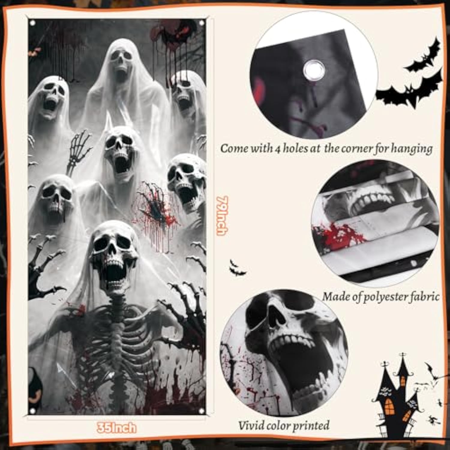 Halloween Door Cover 79x35 Inch Scary Skeleton Zombie Reusable Party Decor Banner