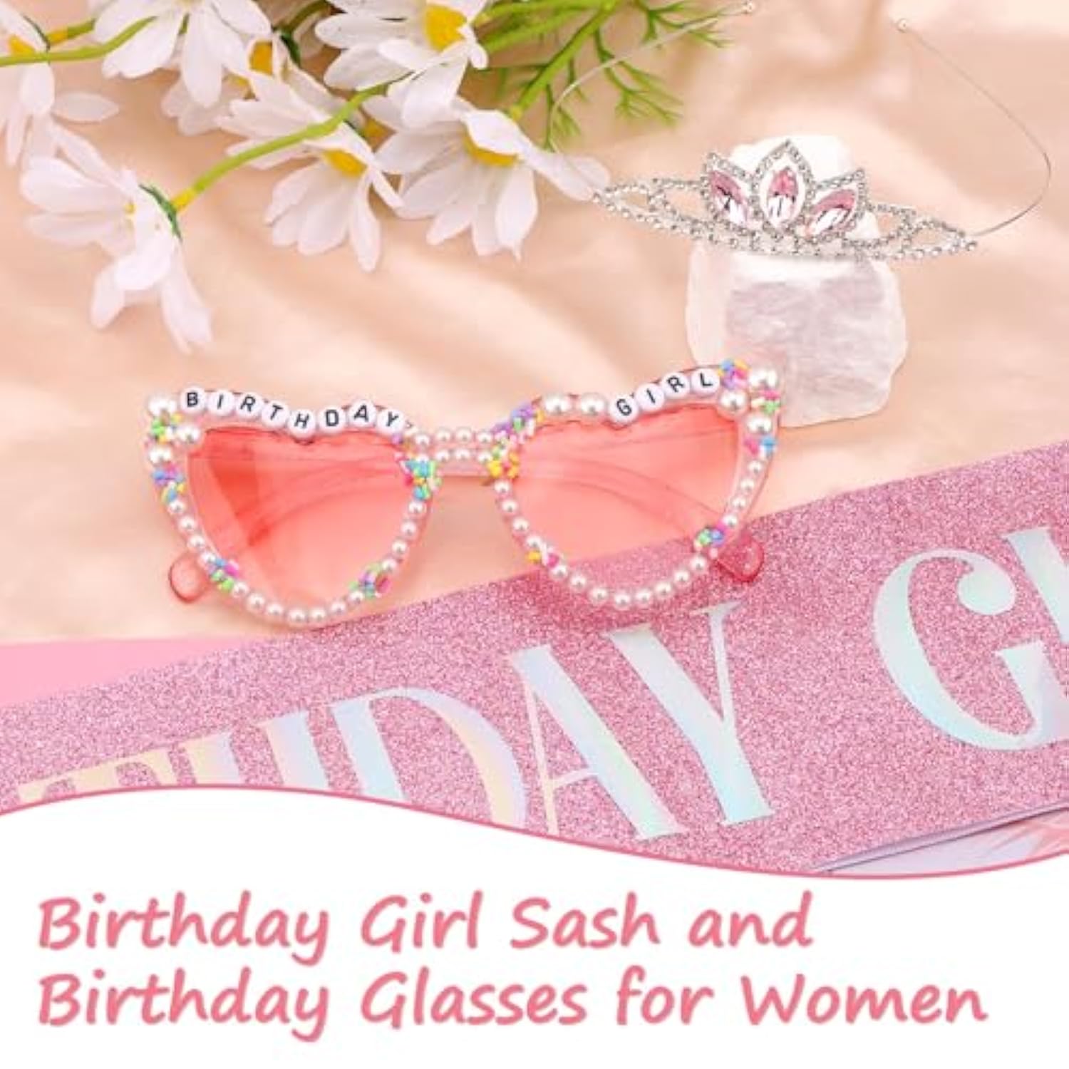 Birthday Girl Sash And Crown & Glasses Set For Women Girls, Birthday Tiara Sash For Women Glitter Pink Happy Birth Day Decorations Party Supplies