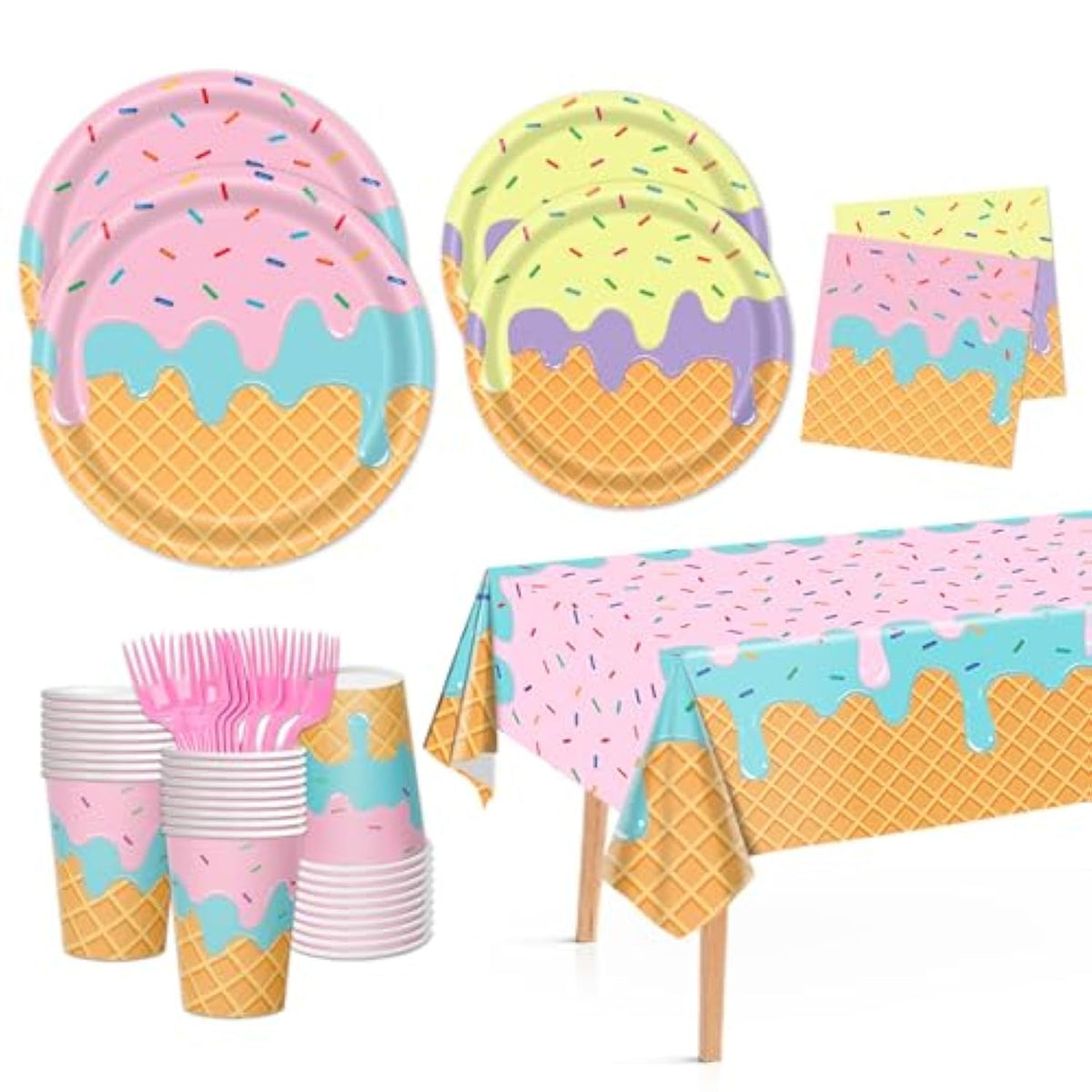 121Pcs Summer Ice Cream Party Supplies Kit, Lncludesice Cream Themed Plates Cups Napkins Cutlery Touchdown Tablecloth, For Baby Shower, Ice Cream Birthday Party Decorations ,Serve 24