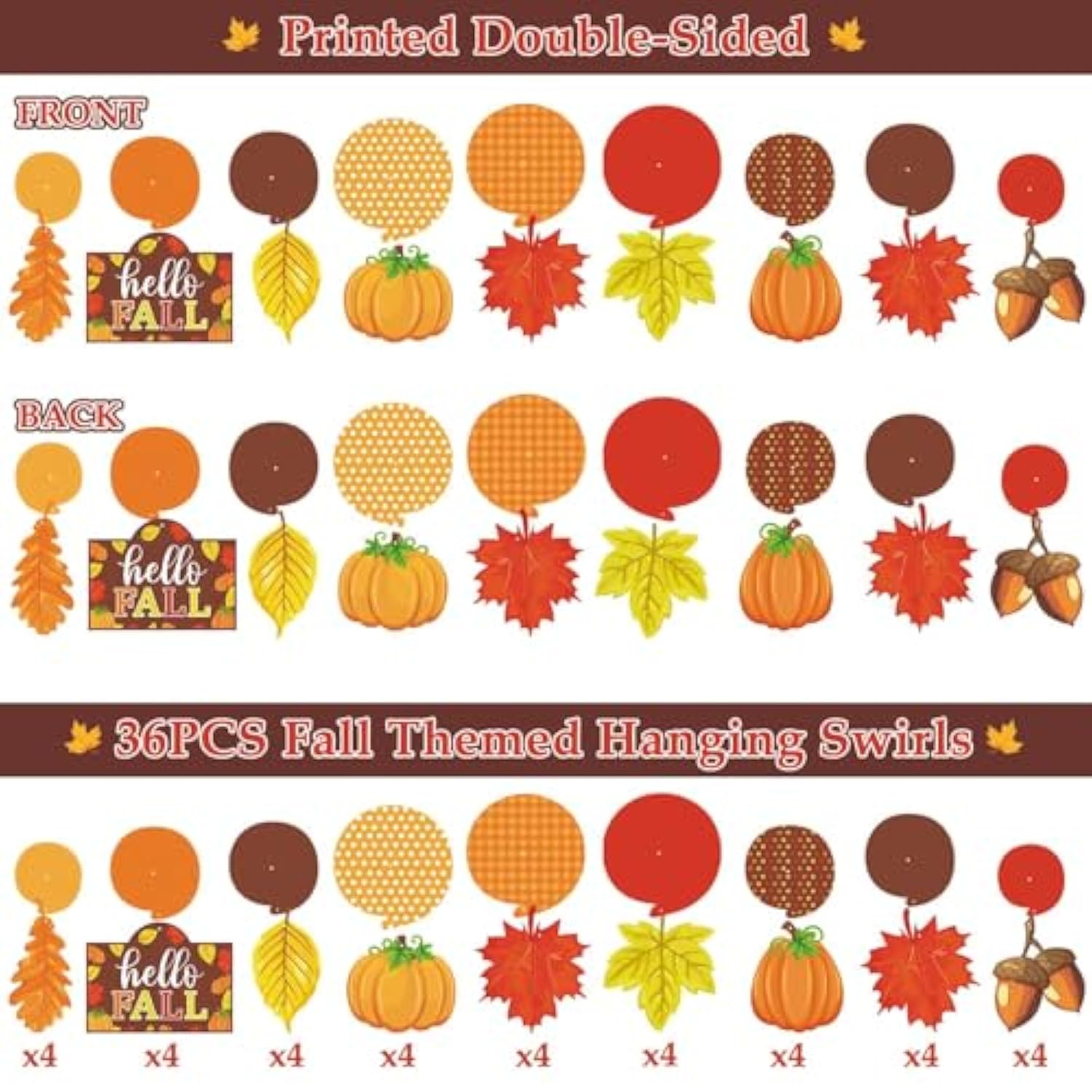 36Ct Autumn Hello Fall Party Hanging Decorationsfoil Swirls Pumpkins Maple Leaves Acorns Harvest Thanksgiving Photo Props Ideas Ceiling Door Whirls Streamers Supplies