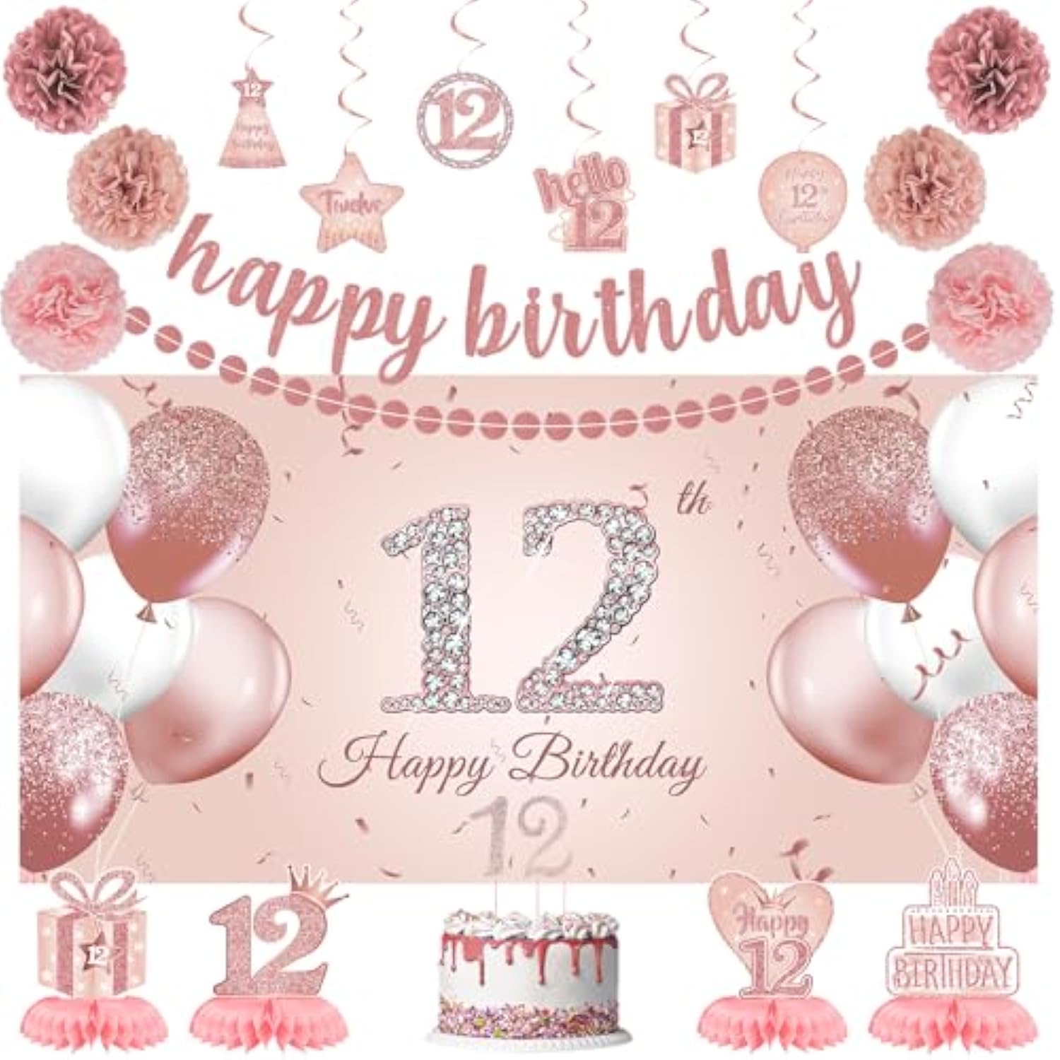 Rose Gold 12th Birthday Decoration Kit: Banner, Pom Poms, Cake Topper