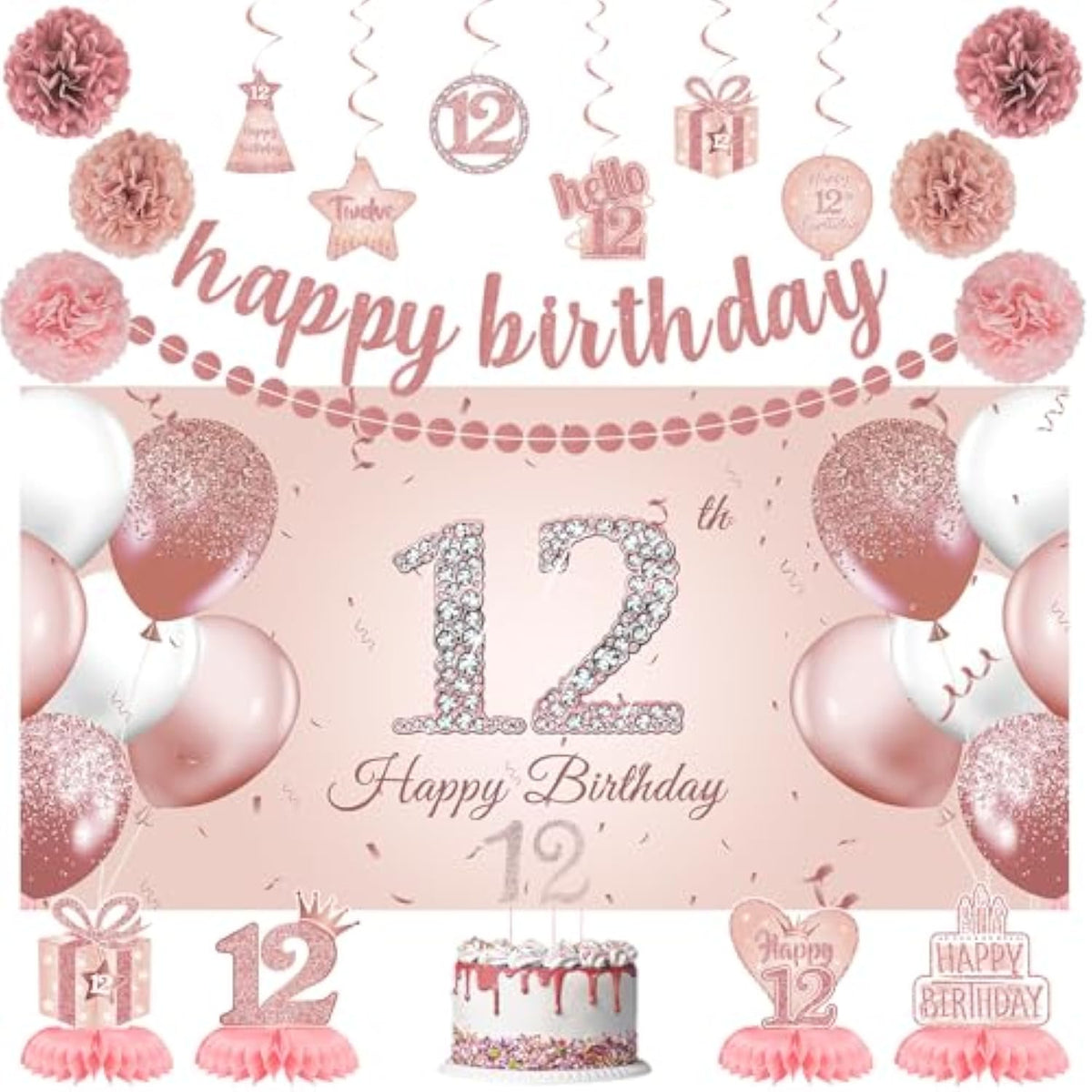 Rose Gold 12th Birthday Decoration Kit: Banner, Pom Poms, Cake Topper