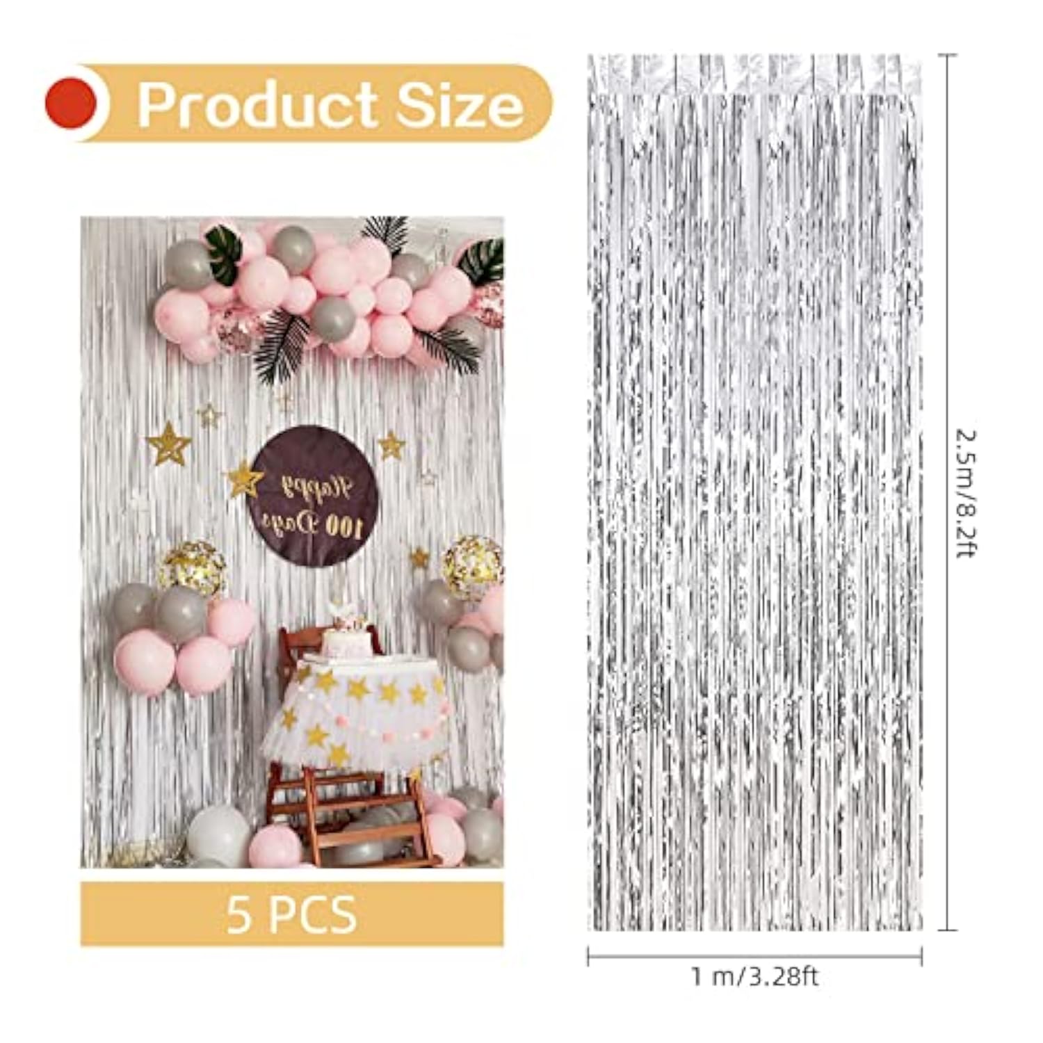 5PCS Silver Foil Fringe Curtains, 3.2x8.2ft Tinsel Backdrop for Party, Wedding & Christmas Decor