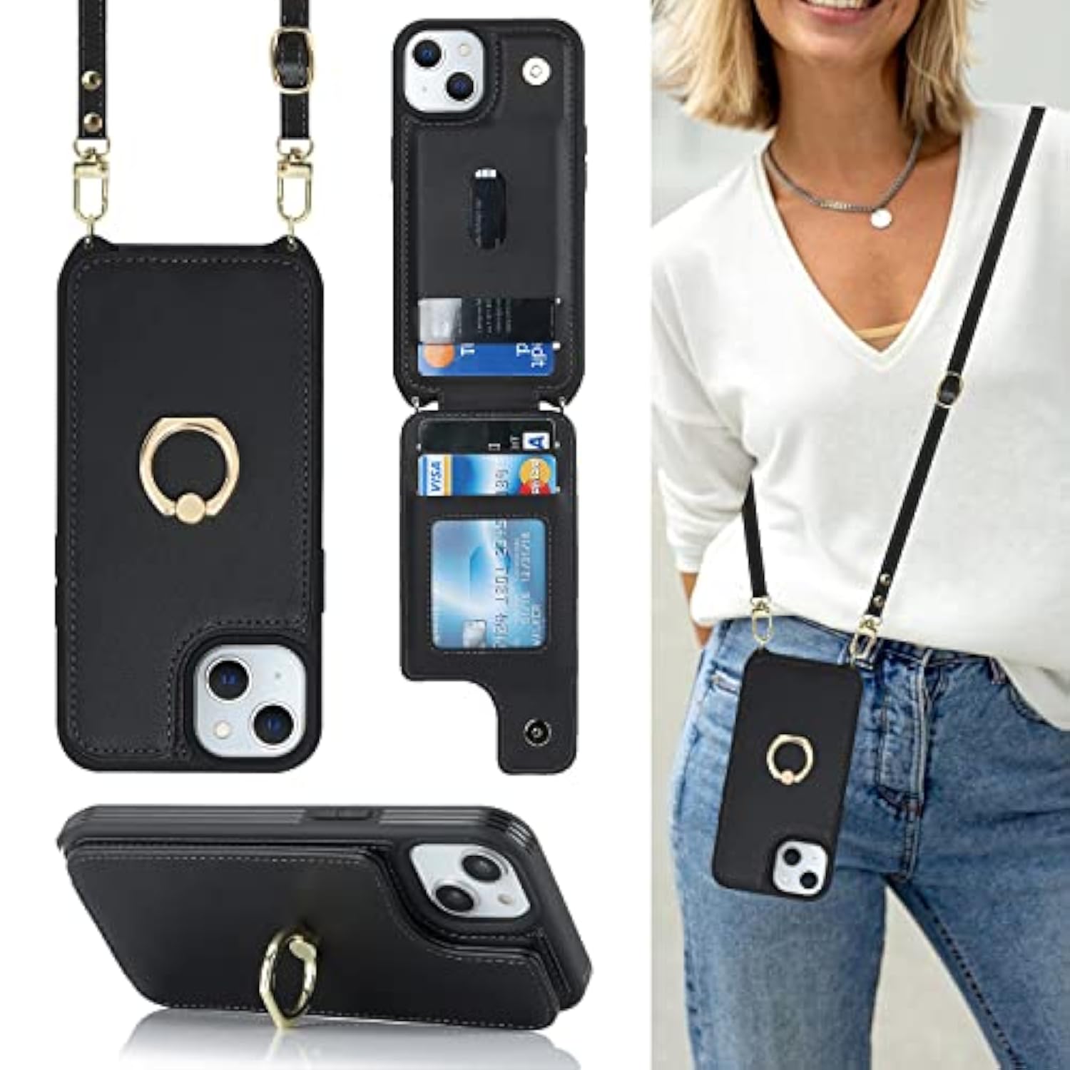 Iphone 15 Case With Card Holder Strap Lanyard Ring Stand 6.1 Inch Black