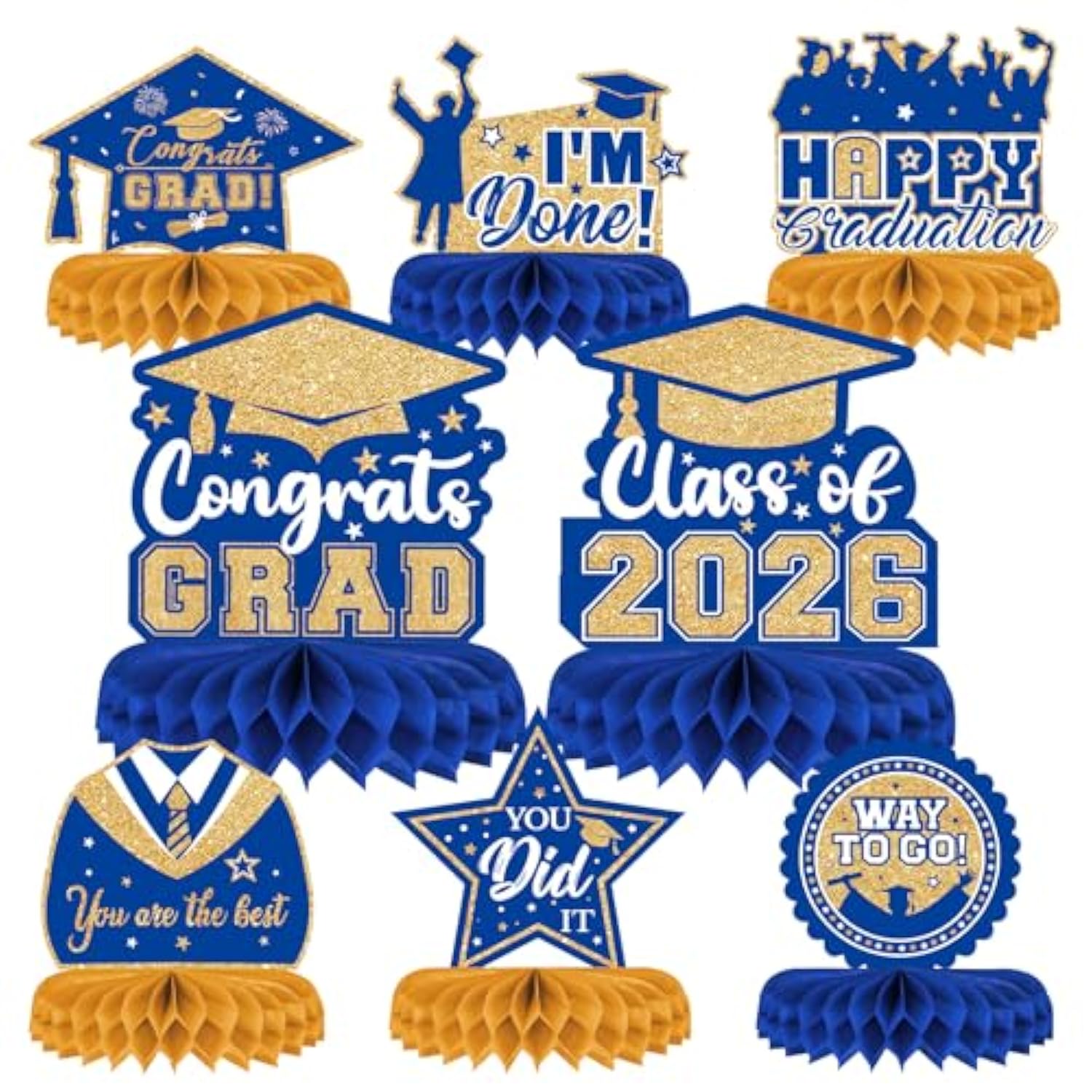 8Pc Class of 2026 Graduation Table Decorations Blue Gold Centerpieces