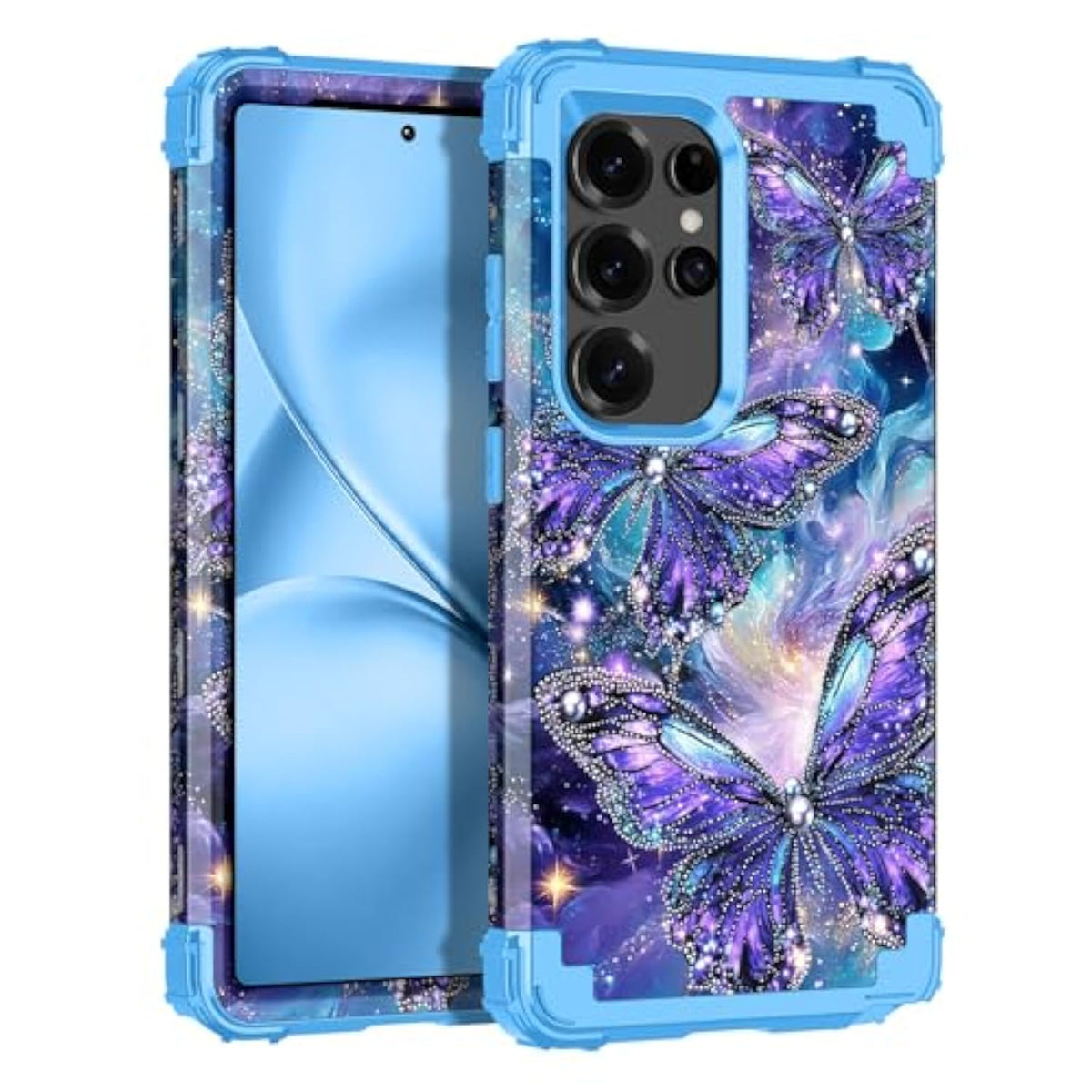 For Galaxy S25 Ultra Case Glow In The Dark Three Layer Heavy Duty Shockproof Hard Pc+Soft Silicone Rugged Full Body Protective Case For Women Girls,Purple Blue