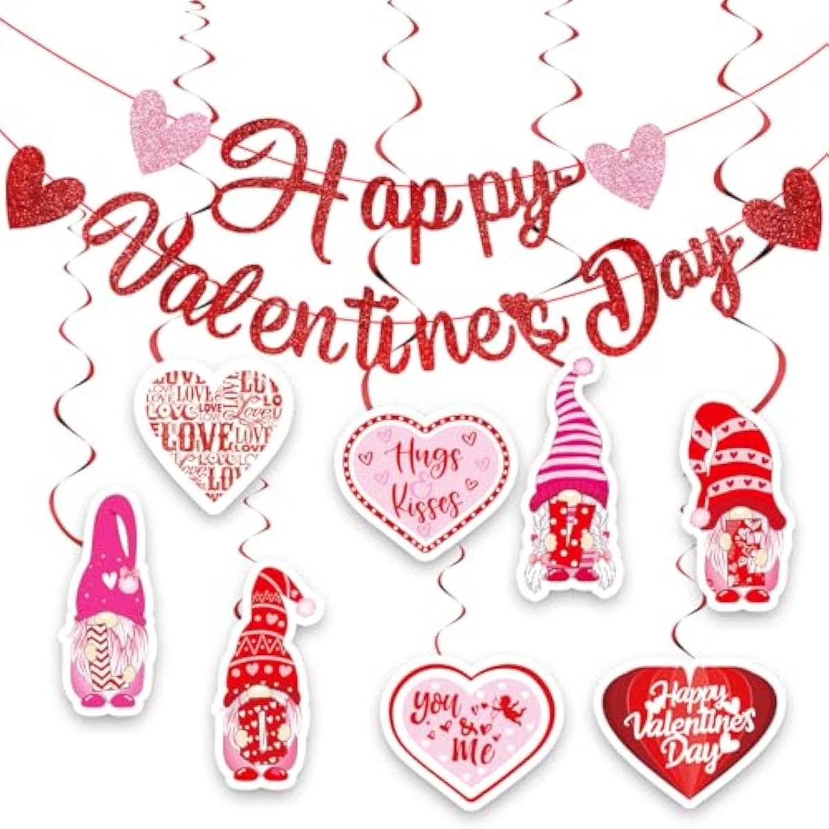 Happy Valentine'S Day Party Decorations, Red Glittery Happy Valentines Day Banner And Valentines Hanging Heart Swirls Decorations For Valentine'S Wedding Anniversary Party Supplies