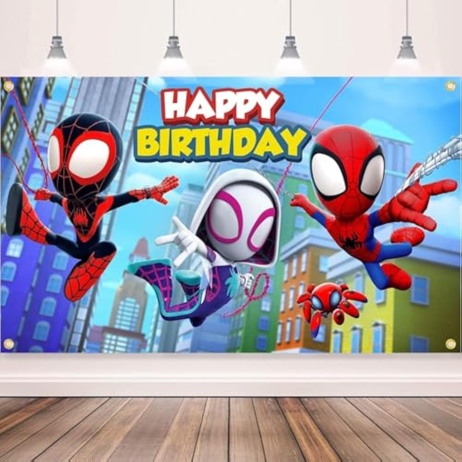 Cartoon Spidey-Themed Birthday Party Supplies. These Decorations Include "Happy Birthday" Banners, Tableware, Tablecloths, Balloons, Large And Small Skewers, And Party-Themed Decoration Sets.