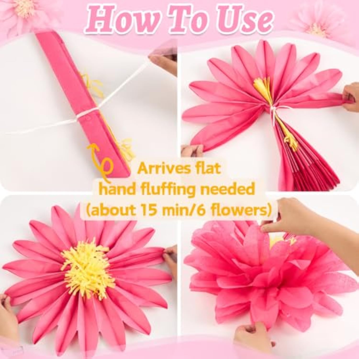 Pink Paper Flowers 6 Pcs, 20 Inch Large Paper Flowers For Pink Party Decorations, Girl Women Birthday Decorations, Tissue Paper Flower Decoration For Backdrop, Classroom And Wall Decor