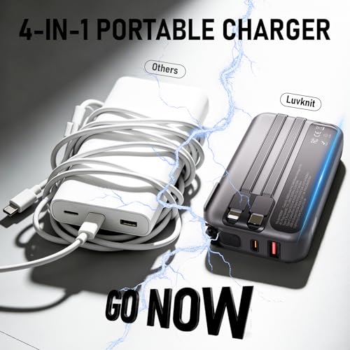 Portable Charger with Wall Plug, 38800mAh Power Bank 22.5W Fast Charging, Built-in Lightning & USB-C Cables, Plug in Portable Charger for Android
