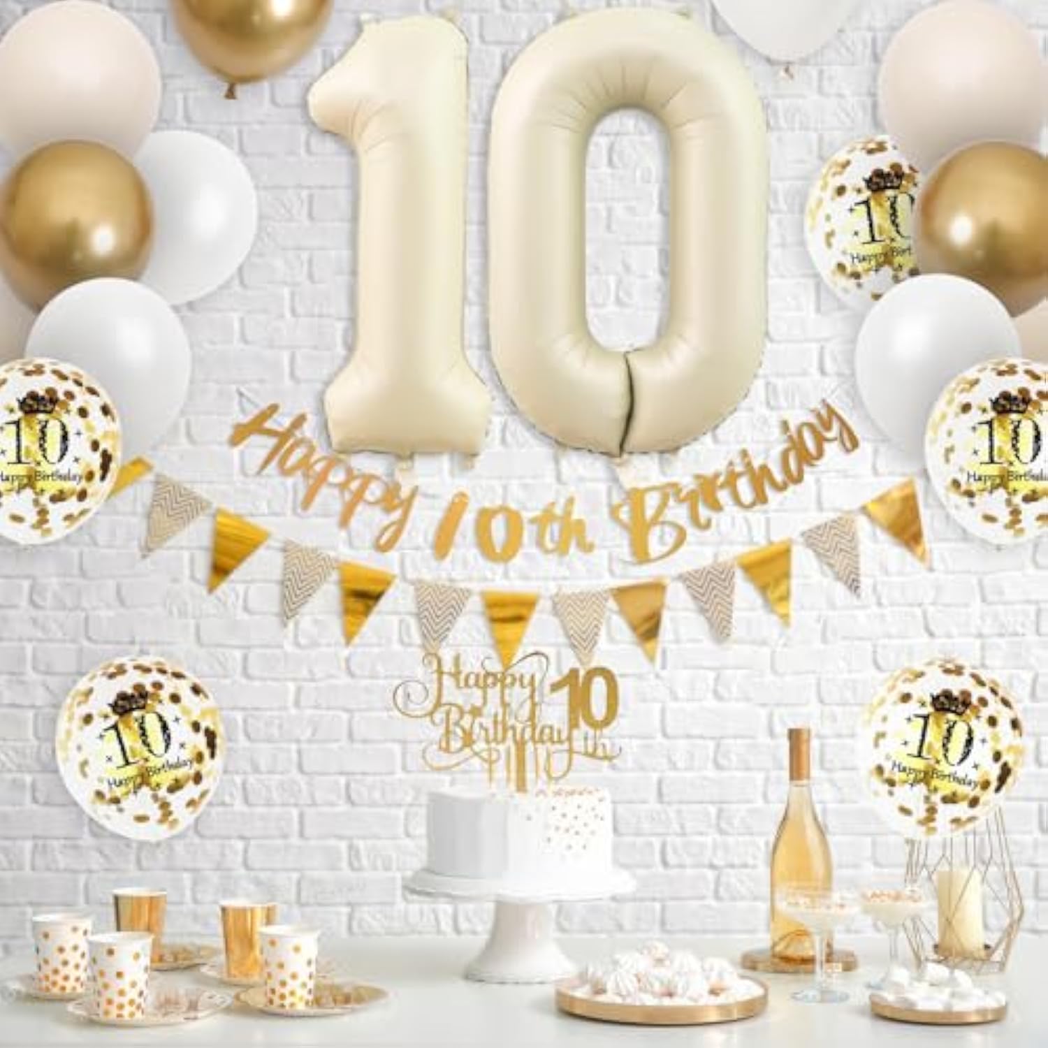 10th Birthday Decorations in Sand and Gold with Balloons and Banner